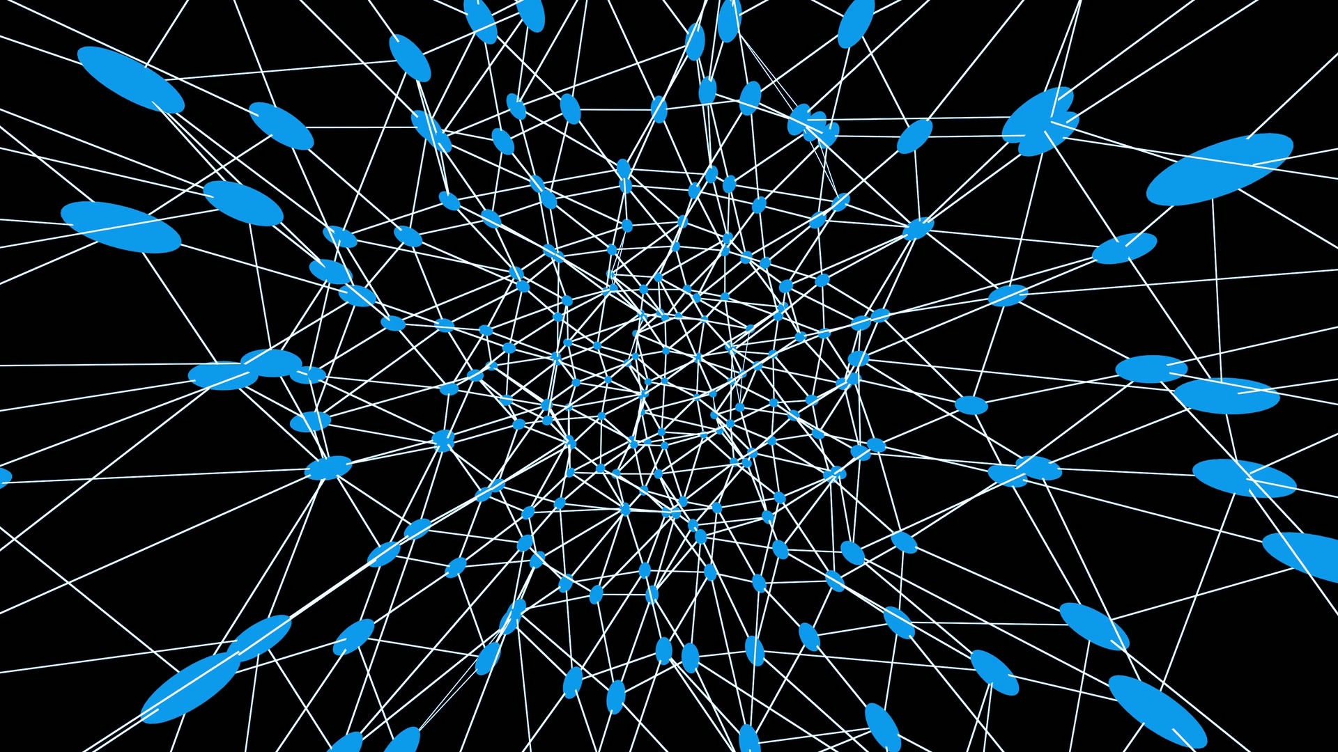 A complex network of interconnected blue nodes moving on a black background, illustrating data or communication structures.