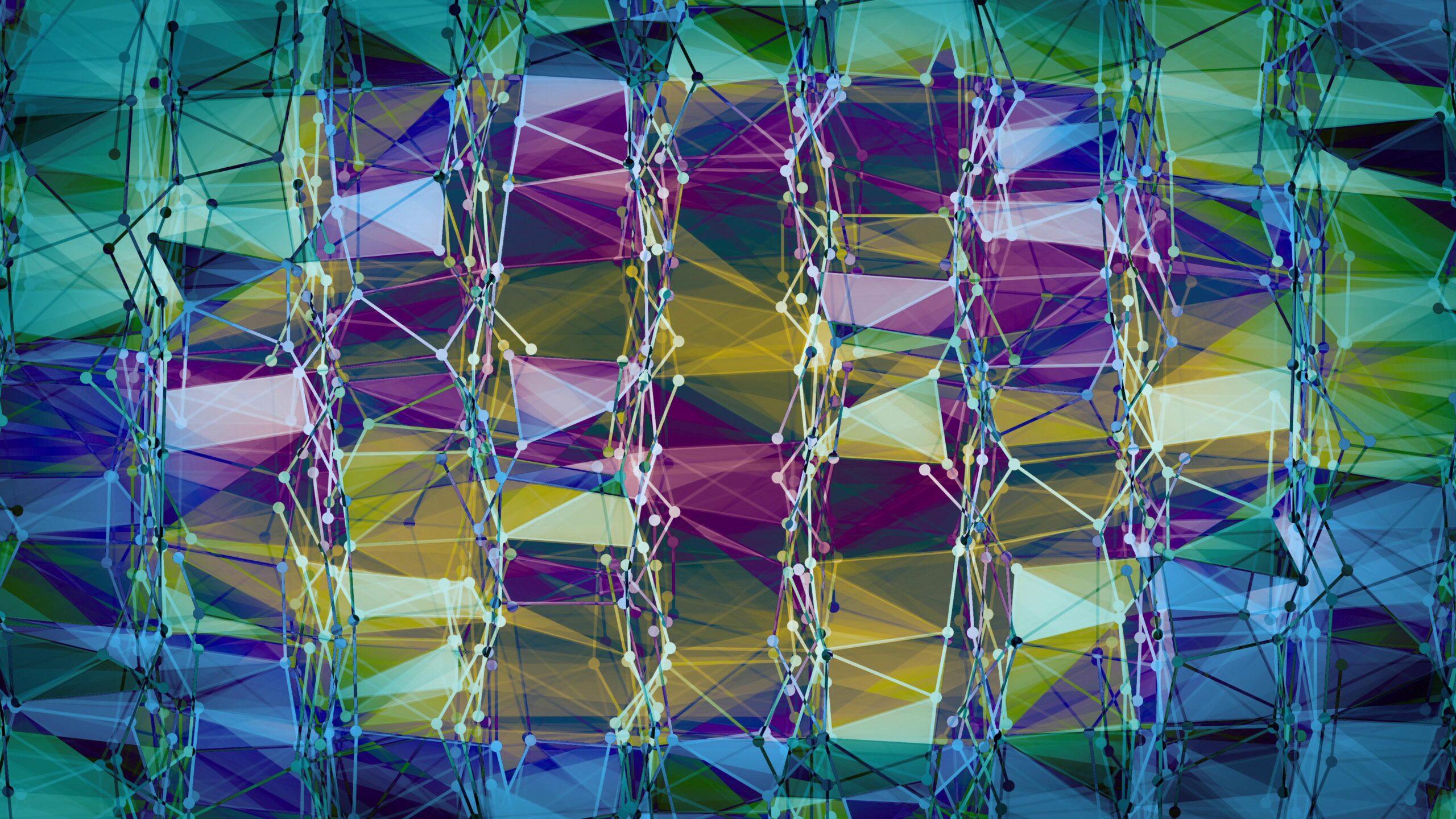 A dynamic geometric 4K looping video composed of glowing dots connected by colorful lines forms an evolving digital lattice against shifting multicolored backgrounds.