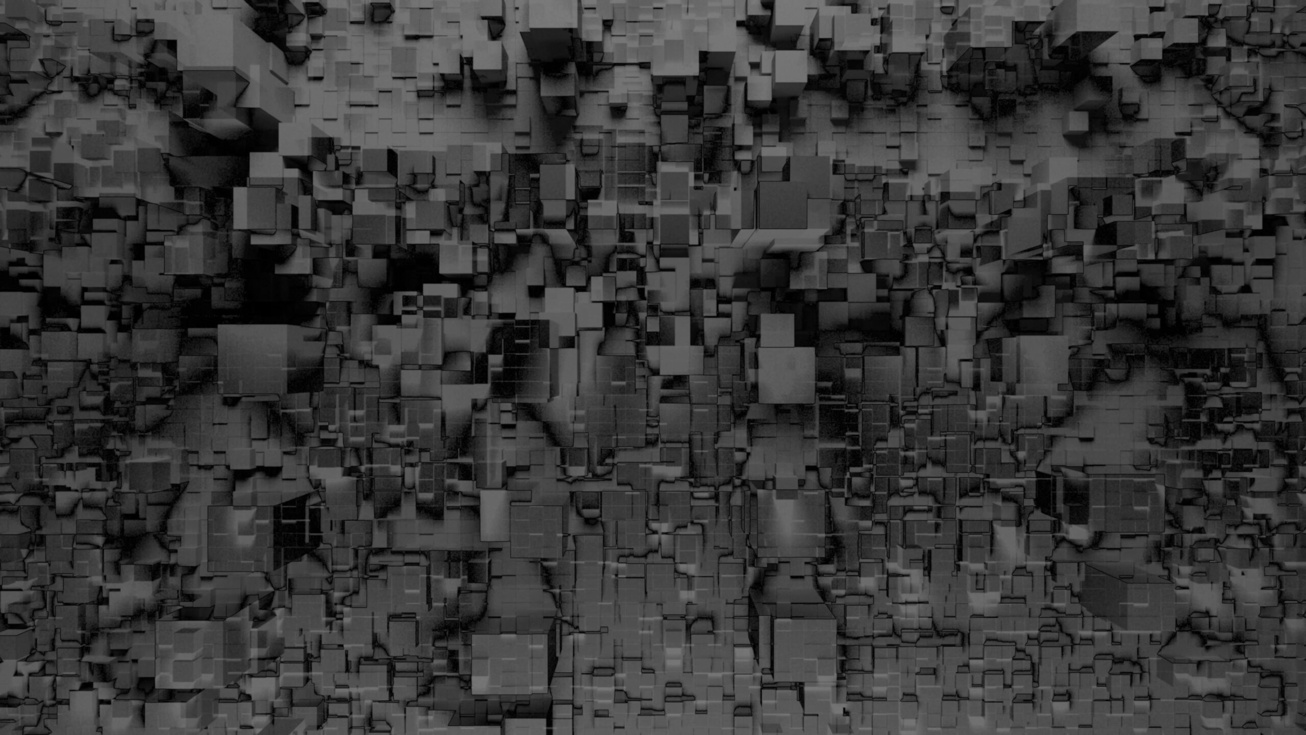A grayscale animated scene featuring numerous floating cubic shapes forming a complex, evolving spatial pattern.