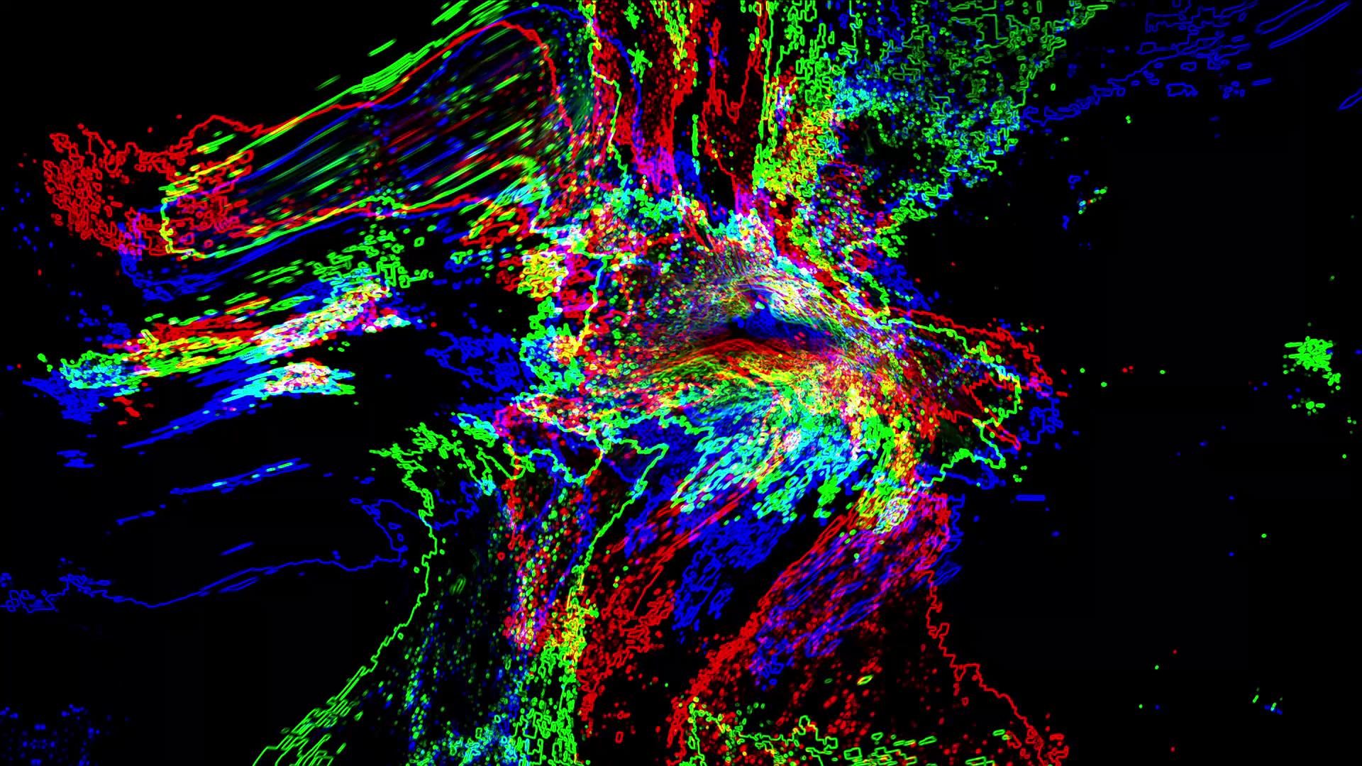 Vibrant glitch art swirling through darkness
