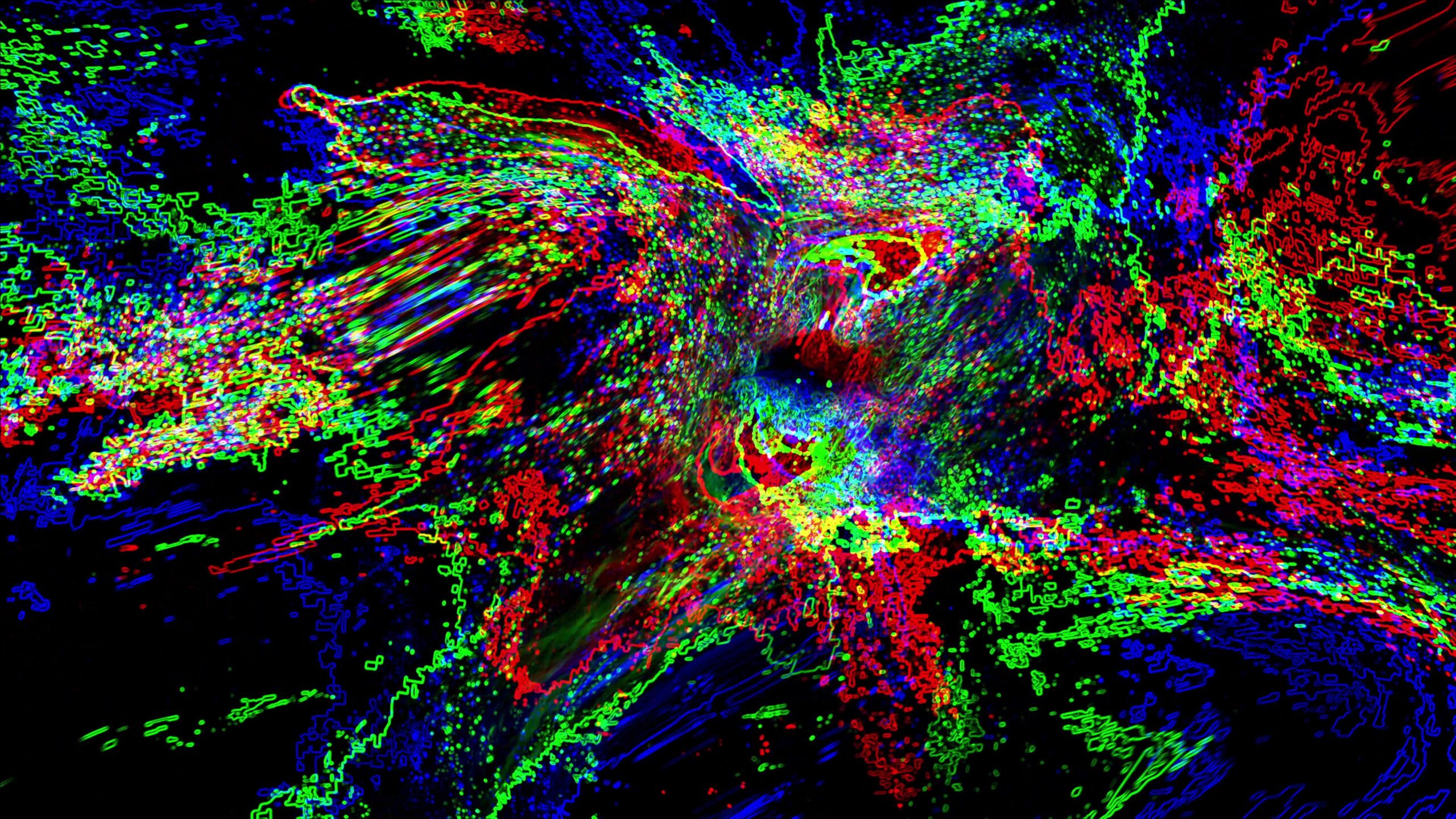 Abstract digital art with vibrant swirling colors across a dark background, evoking cosmic chaos and energy.