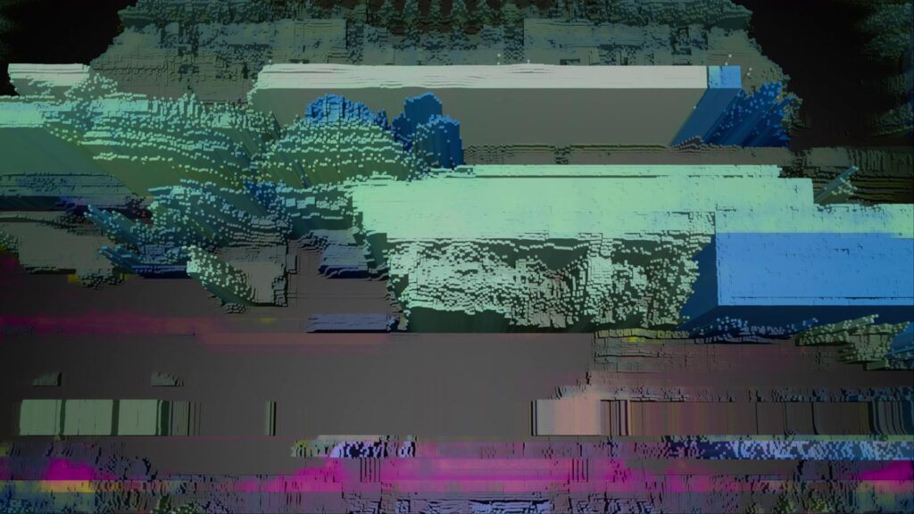 Abstract glitch art featuring distorted monster-like figure amidst vibrant corrupted textures and fractured geometry.
