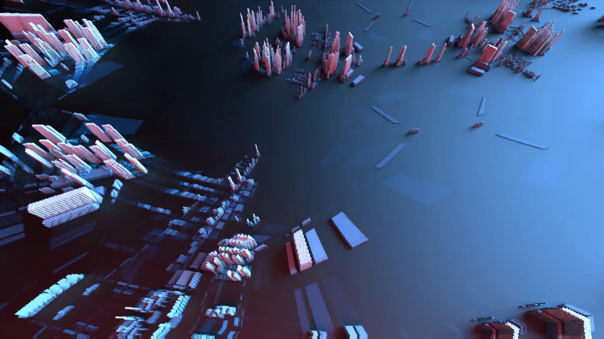 An abstract urban digital landscape featuring glowing pink and cyan geometric structures scattered over a darkened expanse under dynamic RGB gradients.