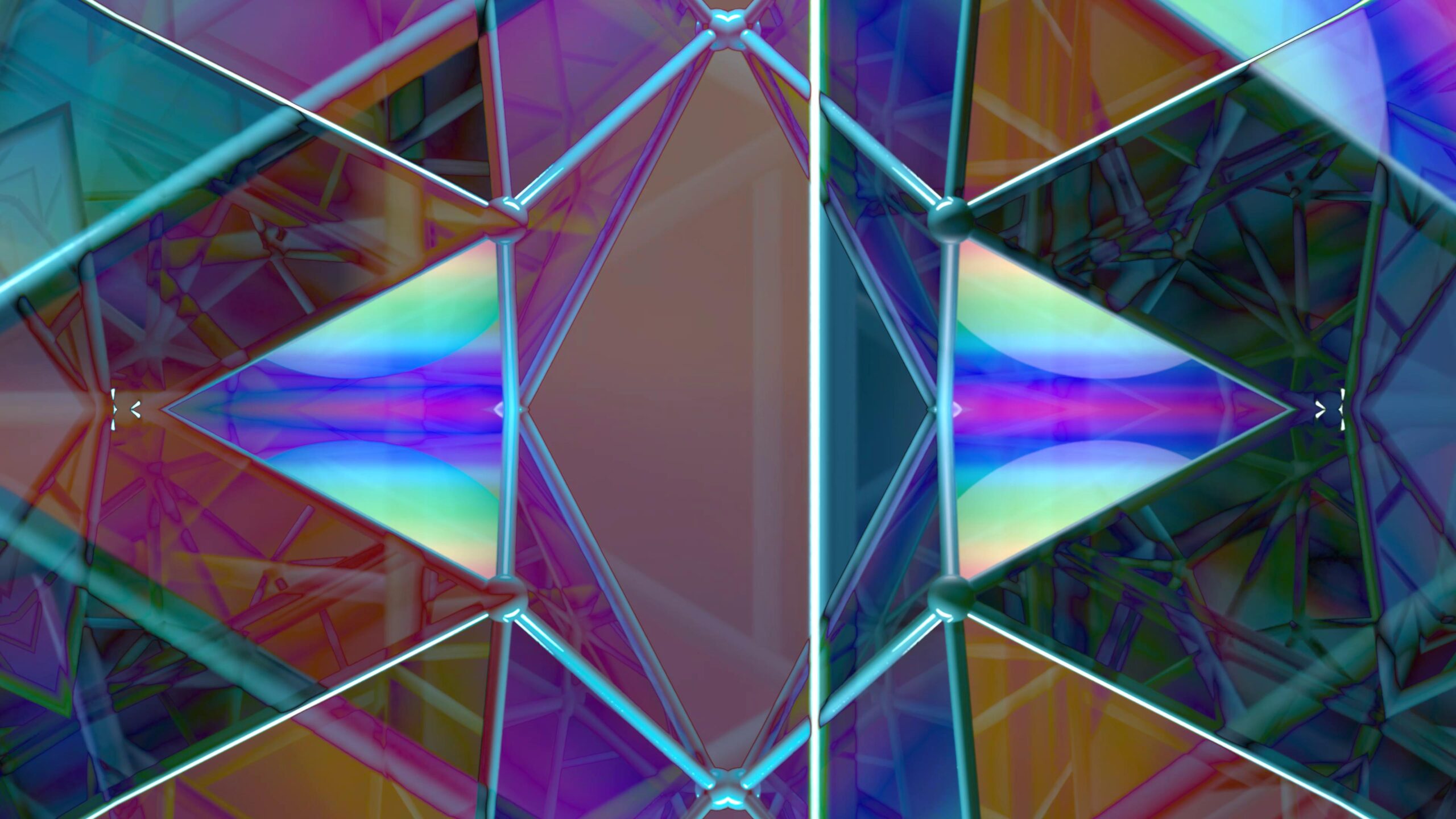 The mesmerizing 4K video loop showcases a dynamic interplay of geometric shapes and vibrant colors that swirl around an intricate central structure resembling molecular bonds or crystalline lattices.