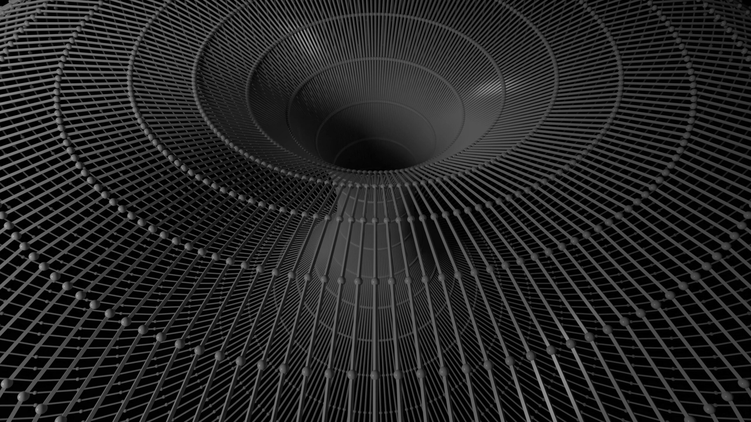 Abstract black-and-gray metal tunnel spiraling into darkness.
