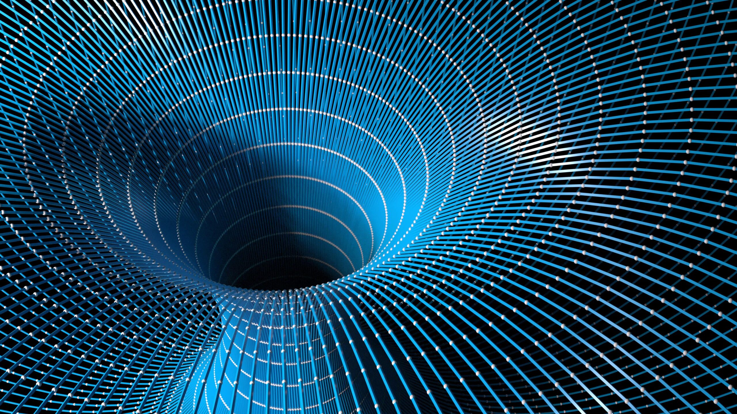 A dynamic abstract digital tunnel featuring spiraling blue lines and pulsing white dots set against a deep black void, ideal for tech-themed visuals or immersive video backgrounds.