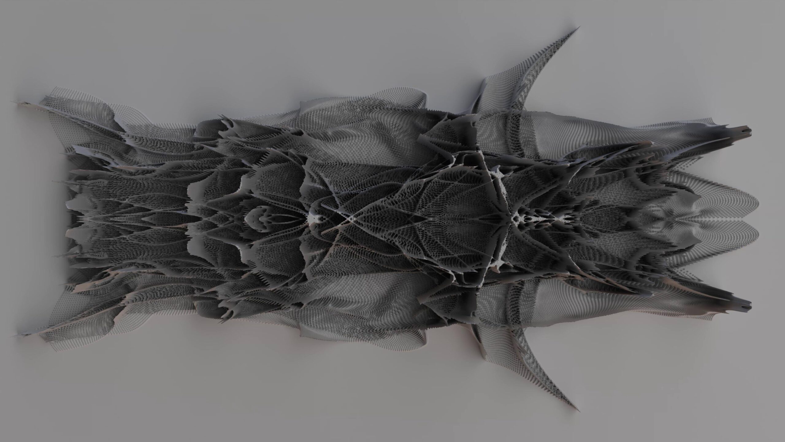 A dynamic gray abstract sculpture evolves with layered symmetry and fluid motion, captivating viewers in a hypnotic display of form and texture.