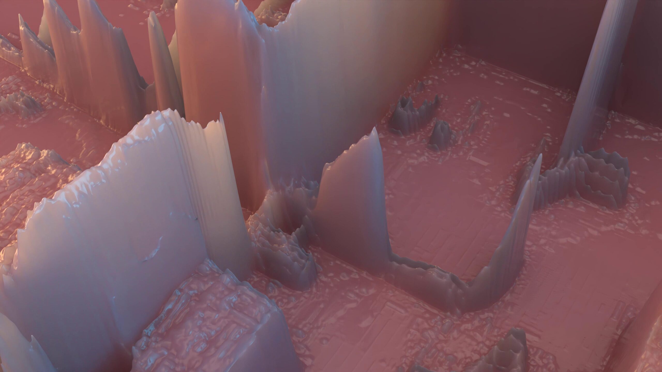 4K video of a dreamlike abstract terrainscape bathed in soft pinks and purples features towering spires and rugged valleys reminiscent of alien geography or deep-space mineral formations.