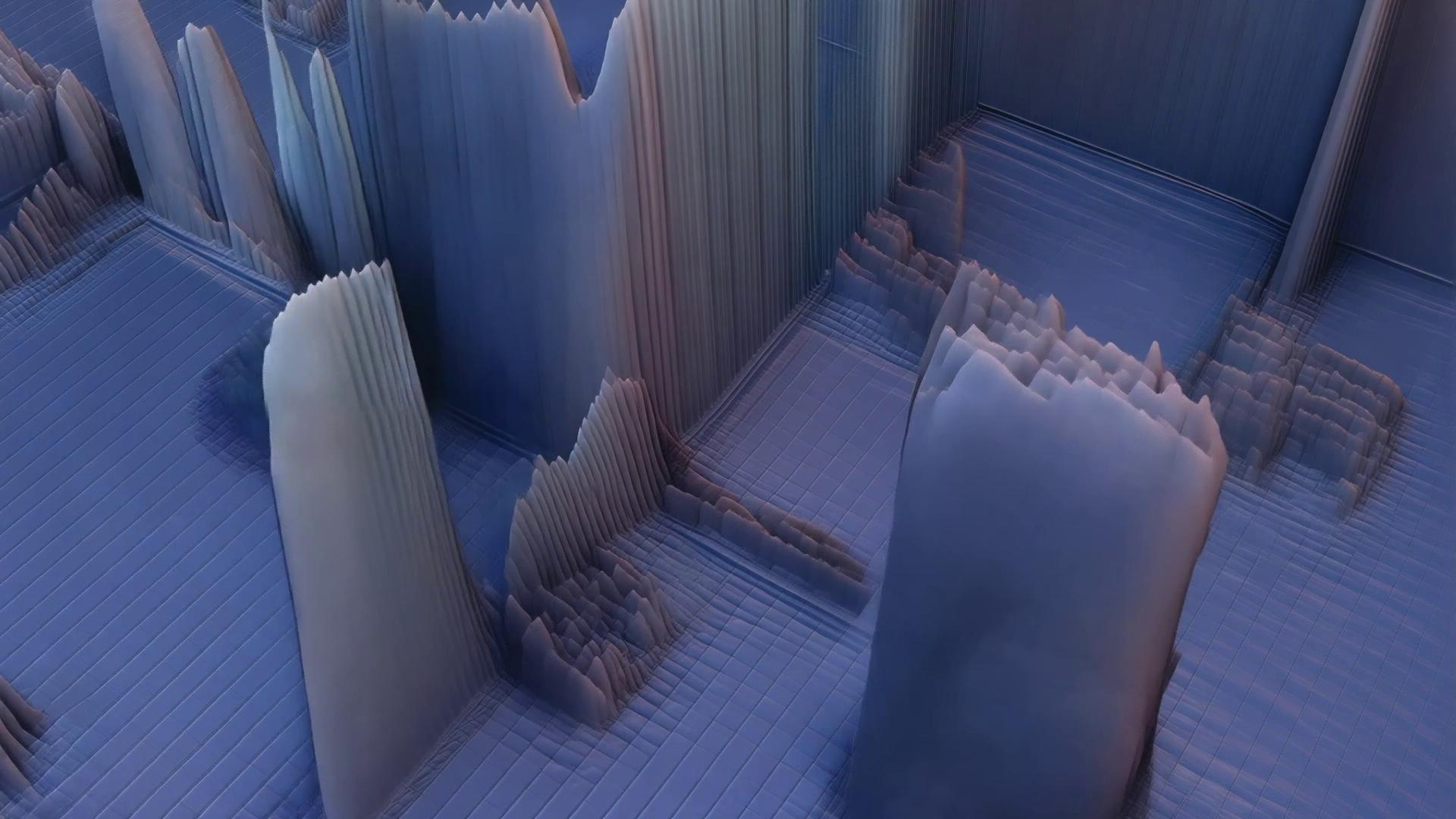 Surreal ice crystal mountainscape rendered digitally HD video.