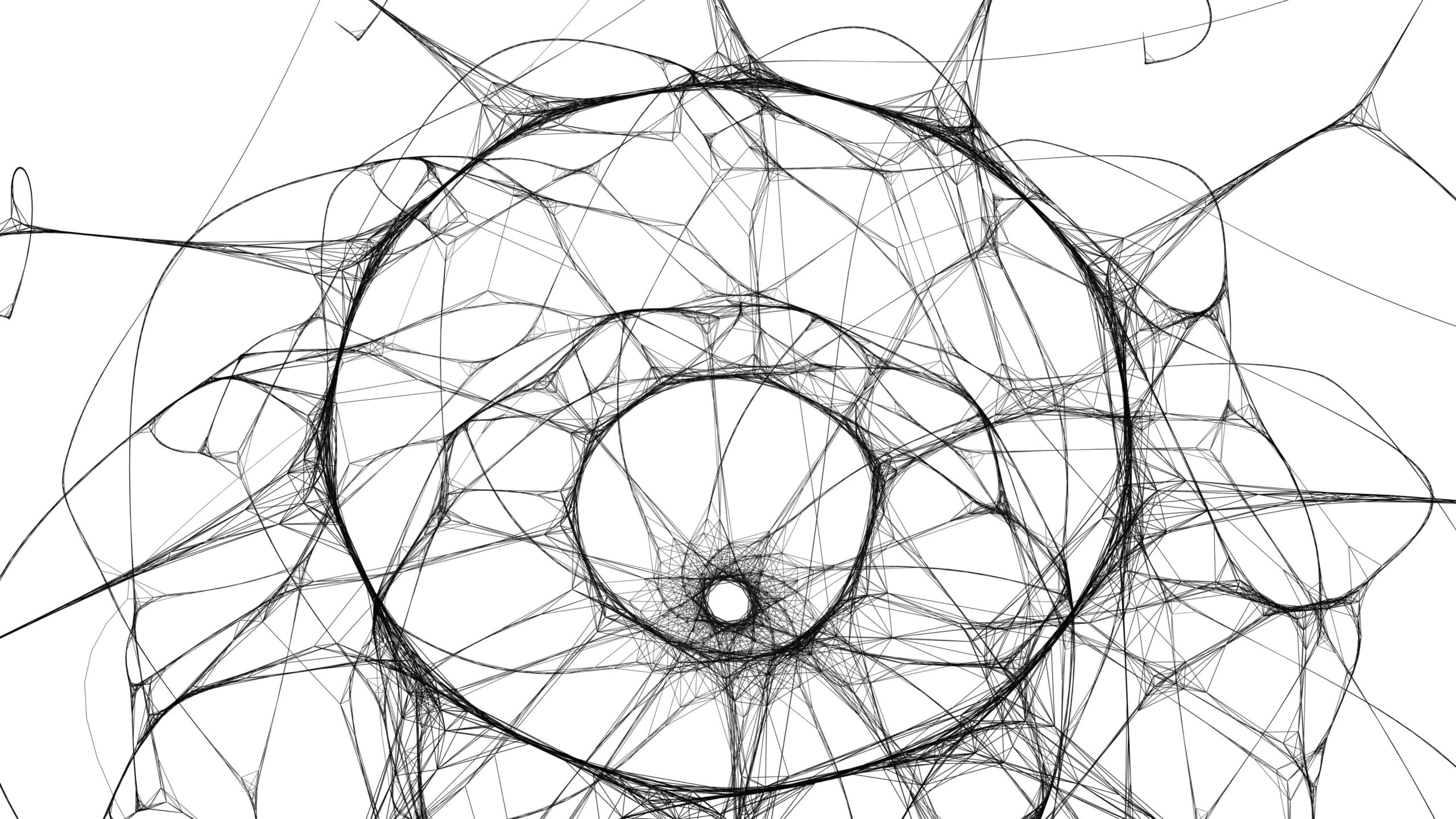Intricate 4K video of black line patterns forming interwoven circular shapes on a white background, creating geometric web designs.