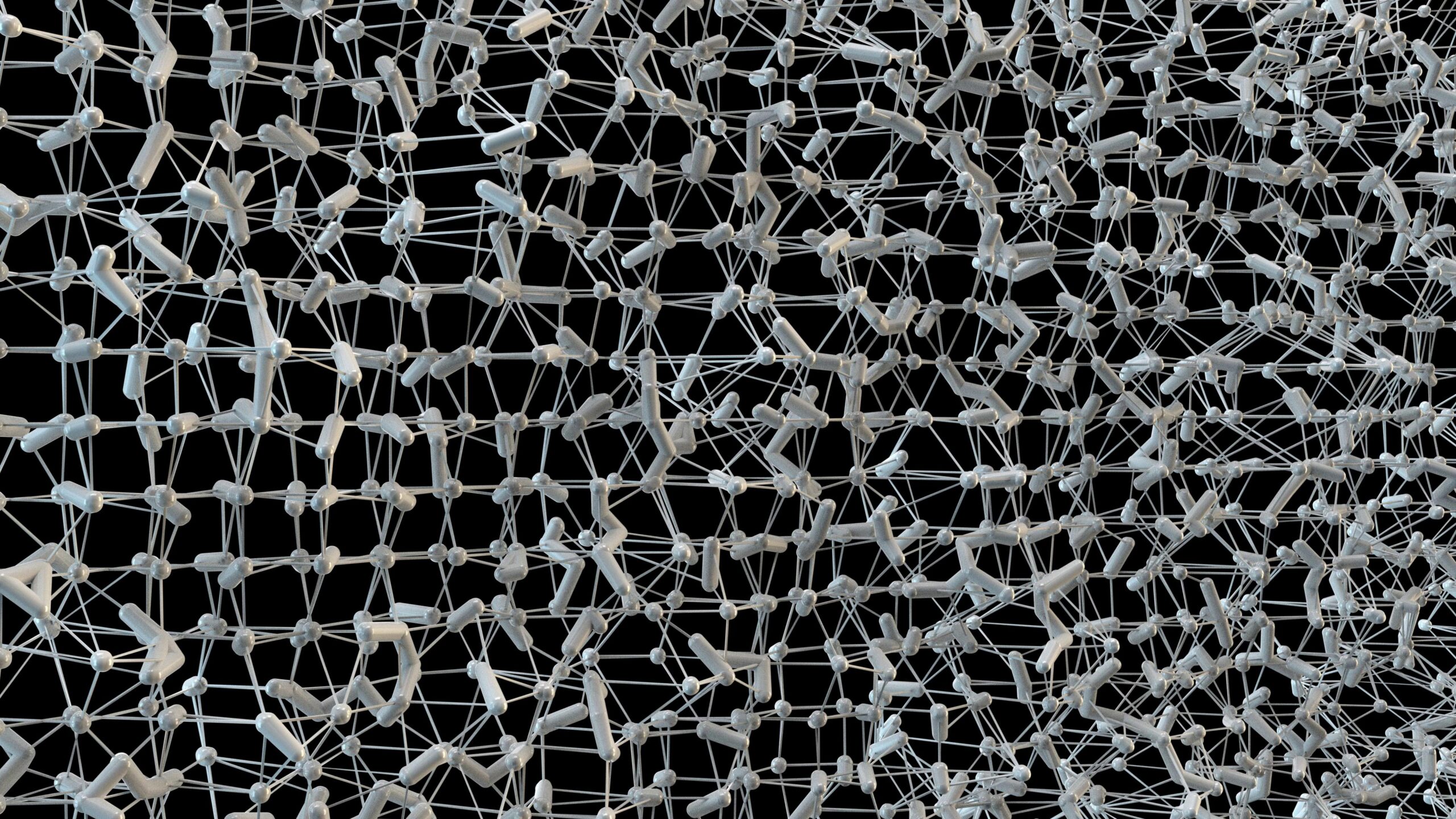 4K video of an intricate web of translucent interconnected structures against a dark background, resembling an abstract network.