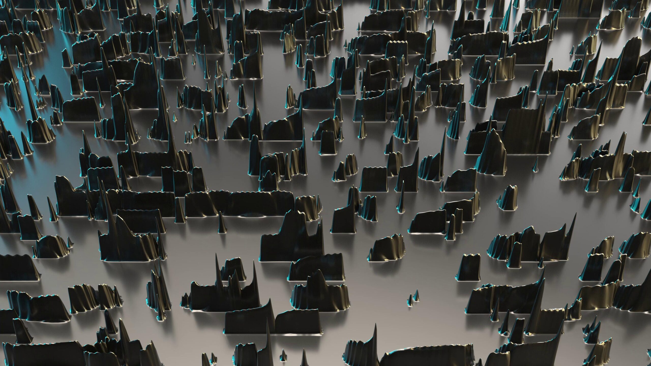 4K video of an abstract digital landscape with jagged metallic structures and blue highlights.