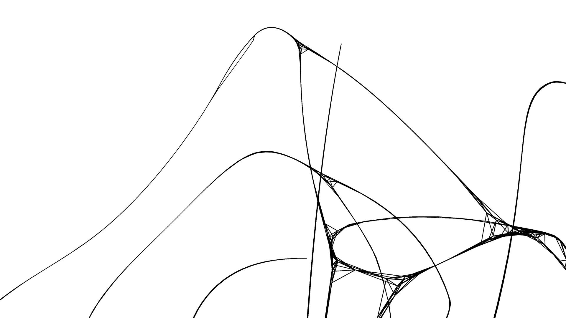 Abstract video art with black lines on white background forming intricate, web-like patterns creating a minimalist, geometric composition.