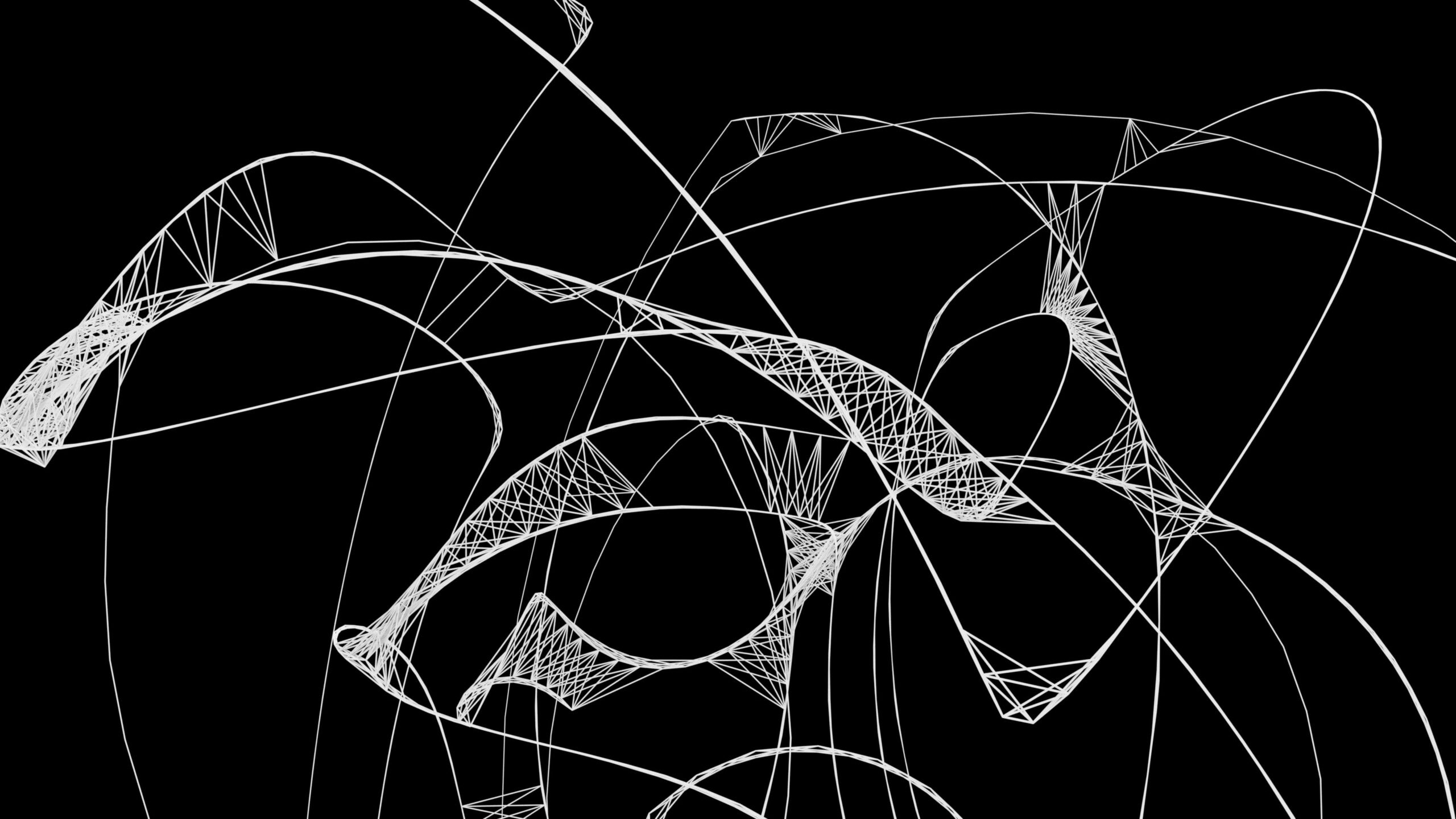 Minimalist dynamic geometry art pattern evolving silently on dark background using intersecting triangular lattices forming elegant curved structures resembling natural flowforms or engineered architecture models.