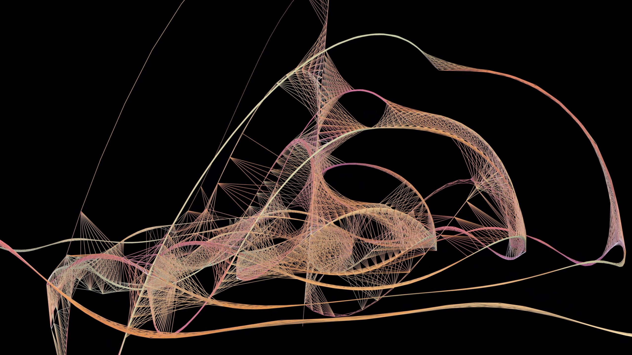 4K video pf a colorful abstract web of swirling lines on a black background.
