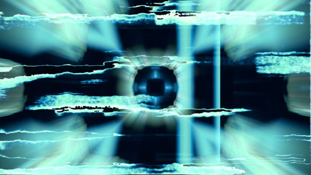 Abstract digital video loop with glowing blue icons amidst glitch-like white streaks creating a dynamic visual animation.