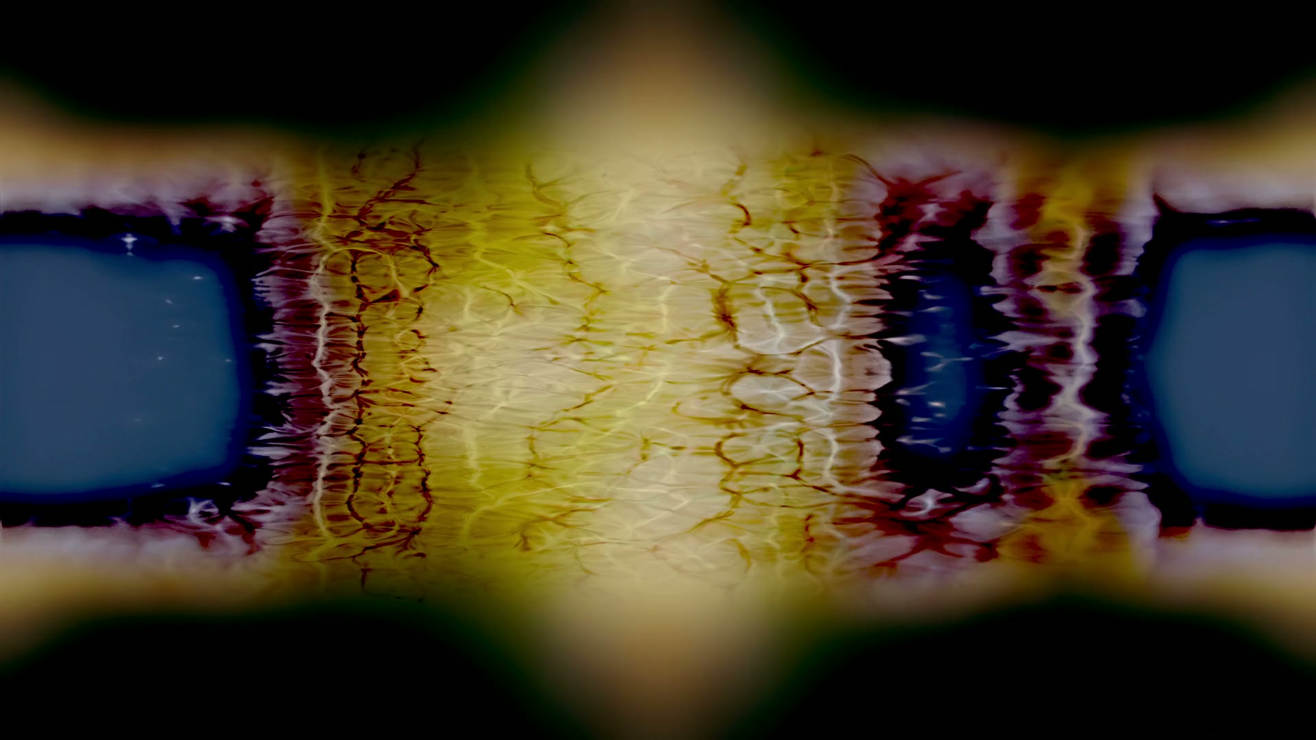 Abstract animated background with vibrant colors and textures, featuring a central glowing yellow area surrounded by darker blue and black hues, creating a dynamic reflection effect.