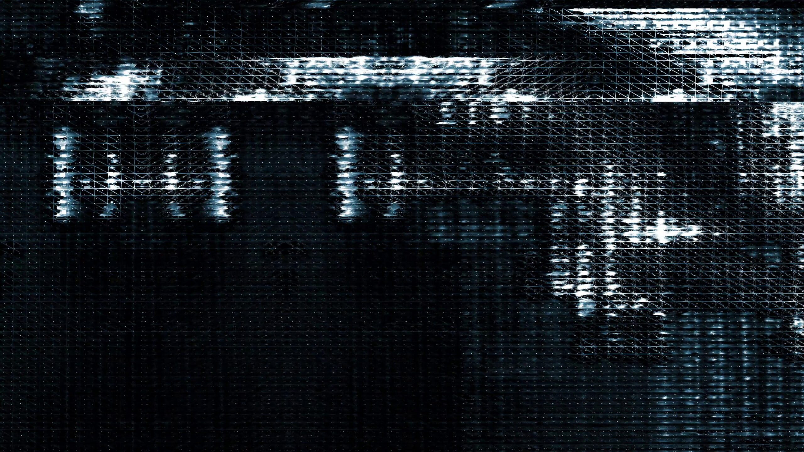 Abstract 4K video loop of digital glitch effects with bright, blurred lines forming chaotic yet structured patterns in dark blue and white.