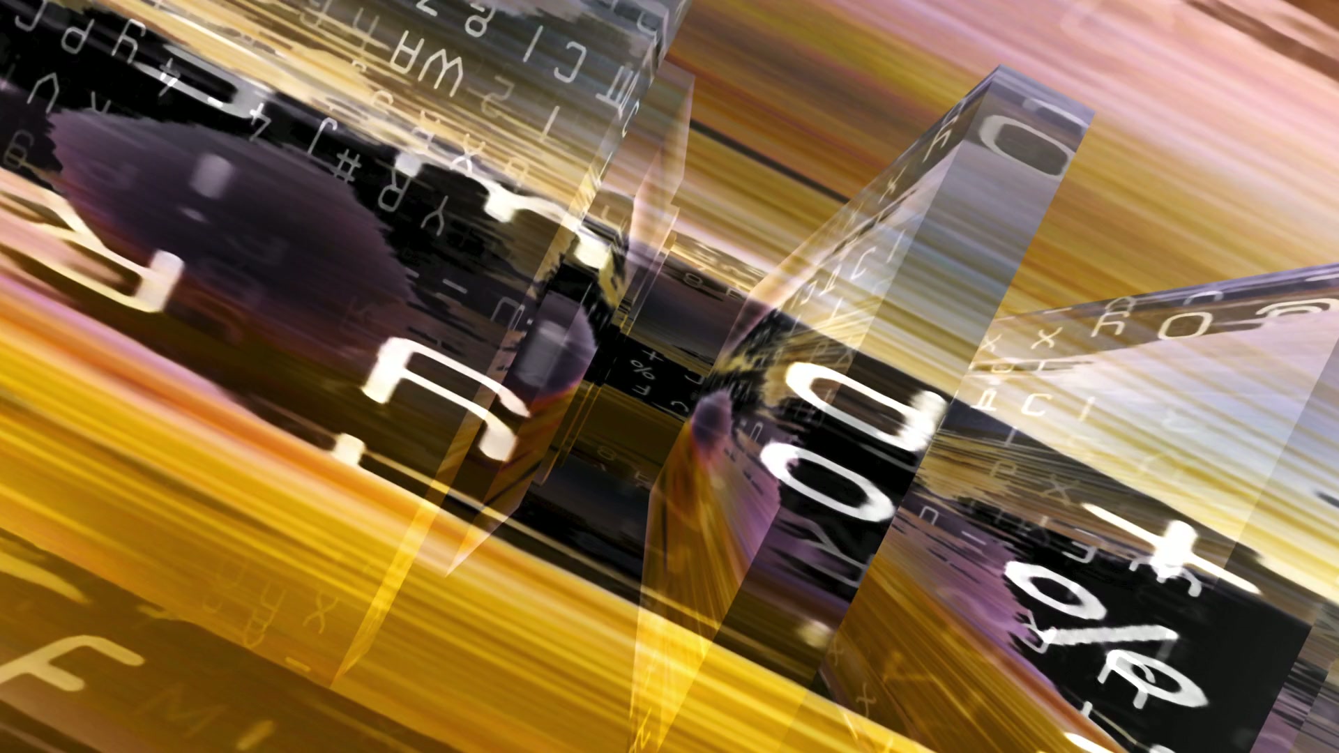 Abstract image featuring transparent blocks with symbols, swirling warm colors, and a dynamic digital matrix theme.