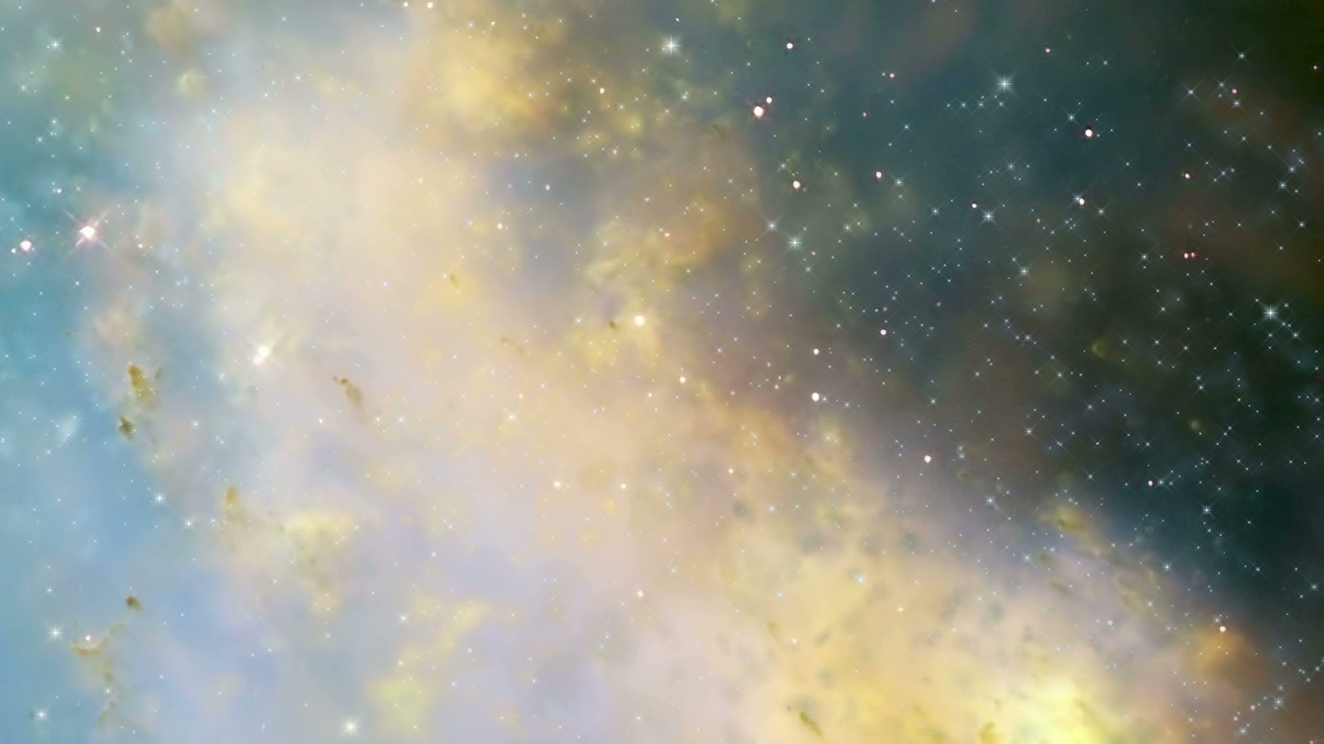 A stunning 3D animation of a galaxy with blue and golden hues, showcasing scattered stars and cosmic clouds in deep space.