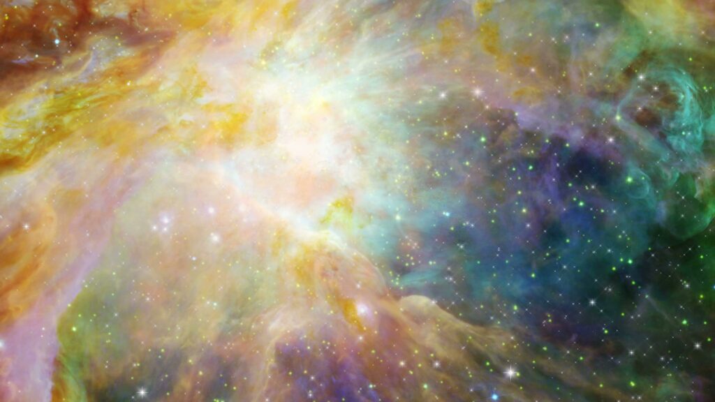 A vibrant and colorful cosmic animation of a journey through a nebula, with swirls of yellow, green, blue, and purple hues. The central area appears brighter, surrounded by numerous twinkling stars against the expansive backdrop, suggesting the vastness and beauty of the universe.