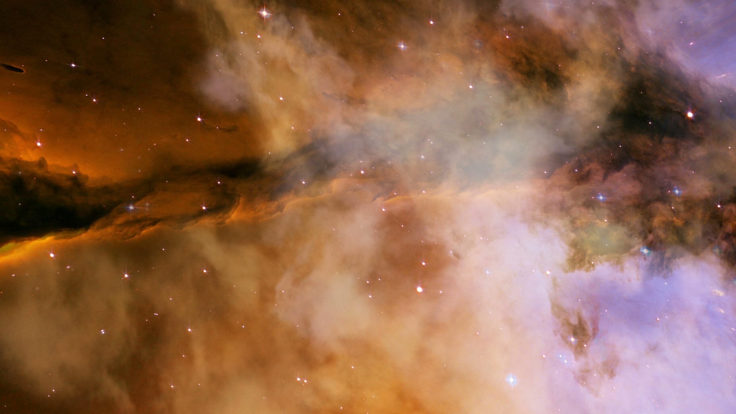 4K video of a cosmic journey with swirling nebulae in hues of amber, violet, and deep indigo, evoking both awe and mystery.