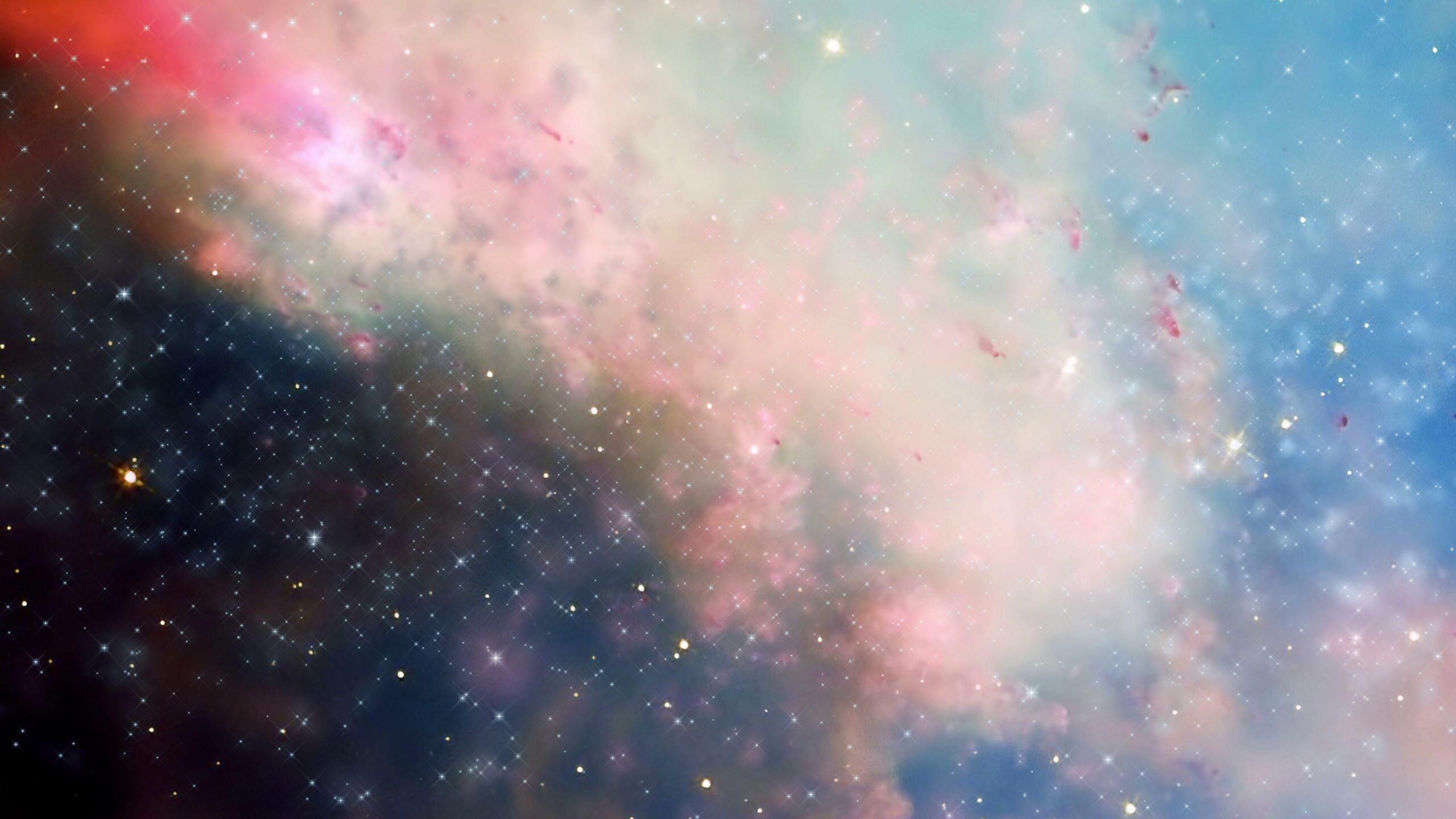 Pink-blue nebula journey amidst sparkling stars in deep space.