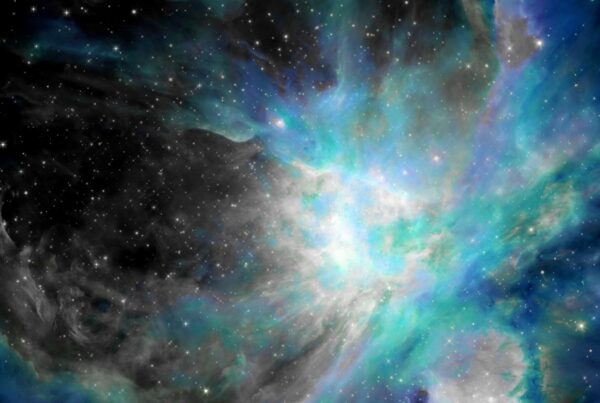 A stunning HD video of a vibrant cosmic nebula filled with swirling blues, turquoises, and white-glowing gas clouds amidst scattered stars, capturing the beauty and dynamism of deep-space phenomena.