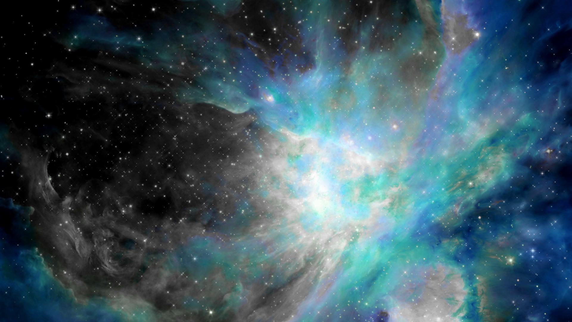 A stunning HD video of a vibrant cosmic nebula filled with swirling blues, turquoises, and white-glowing gas clouds amidst scattered stars, capturing the beauty and dynamism of deep-space phenomena.