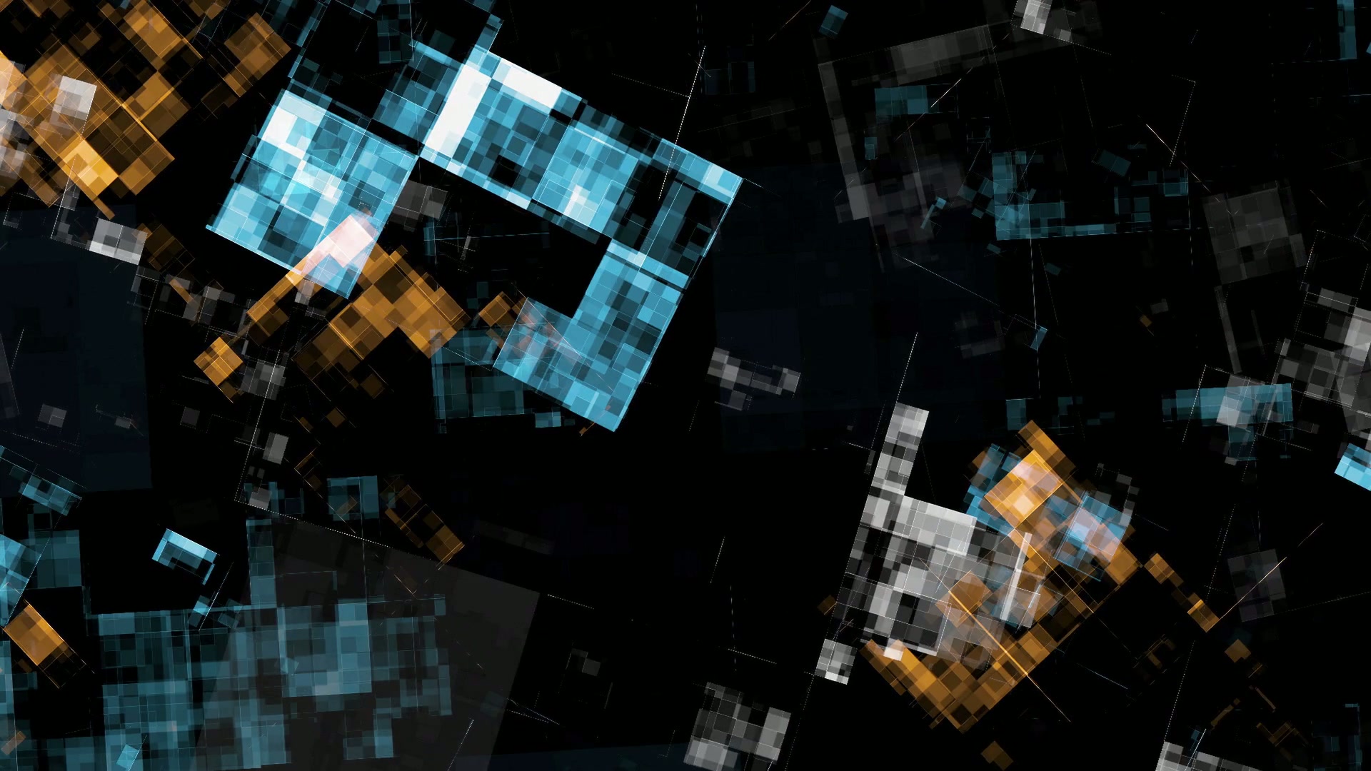 Abstract digital art with blue and orange geometric squares and rectangles against a black background, creating a modern and dynamic video background.