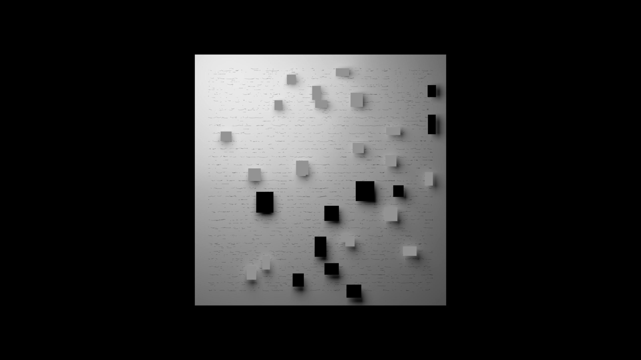 Minimalist abstract 4K video art with scattered black and white rectangular blocks on a textured gray background.