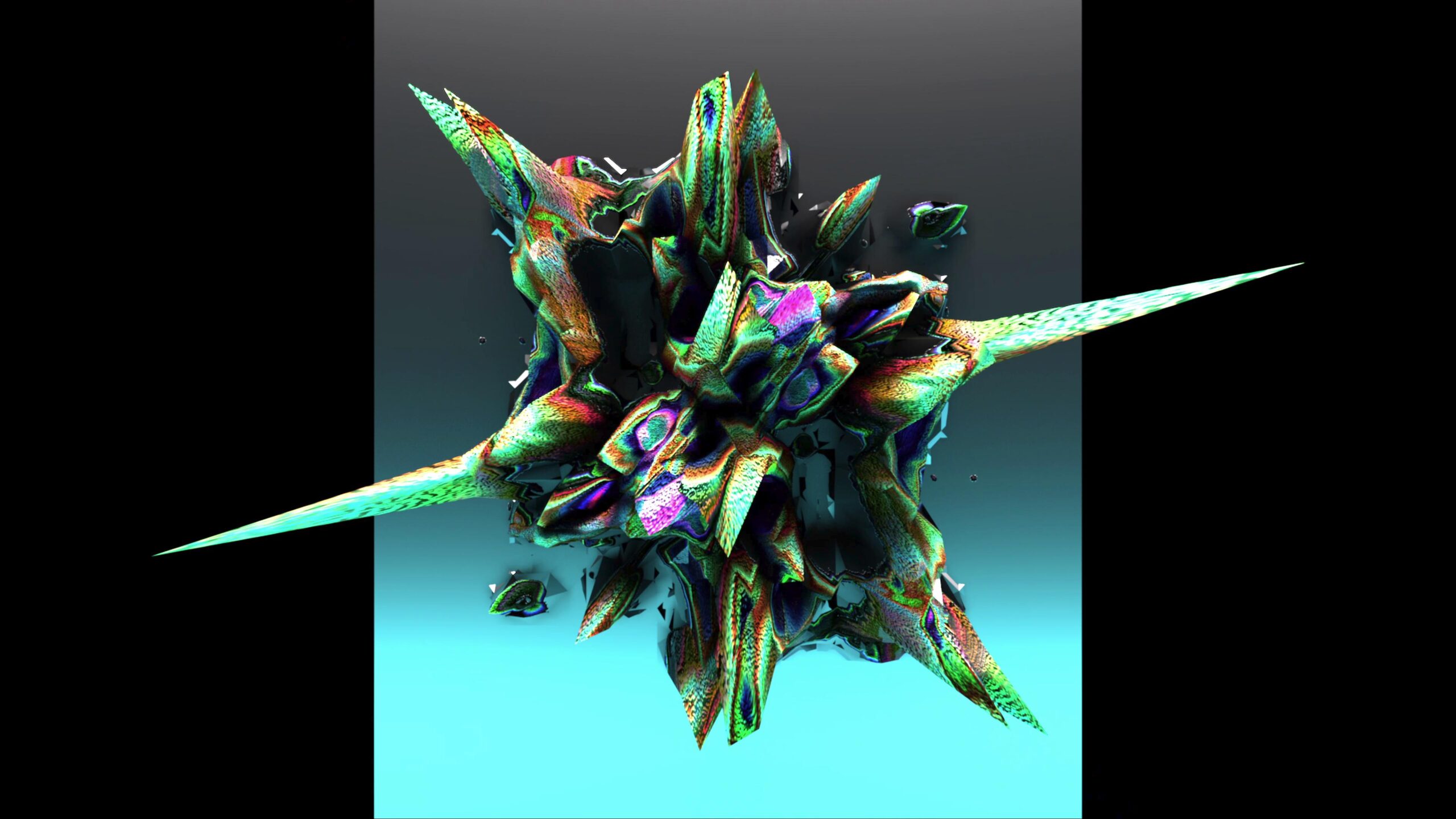 Vivid 4K video of an abstract 3D structure with colorful, sharp spikes and an iridescent, organic appearance, set against a black to cyan gradient background.