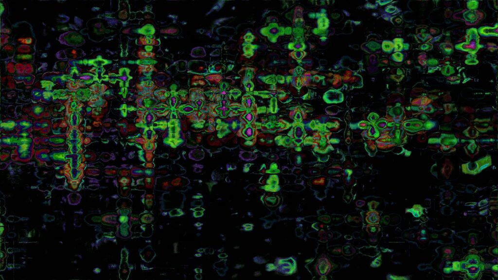 A vibrant digital abstract generative artwork featuring swirling patterns of green, purple, and hints of red against a dark background, creating a mesmerizing and intricate animation loop.