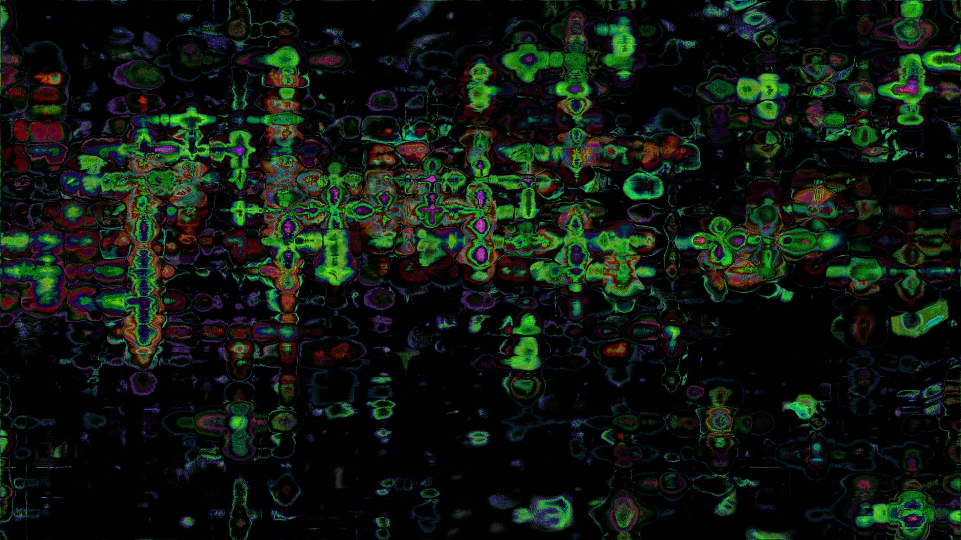 A vibrant digital abstract generative artwork featuring swirling patterns of green, purple, and hints of red against a dark background, creating a mesmerizing and intricate animation loop.