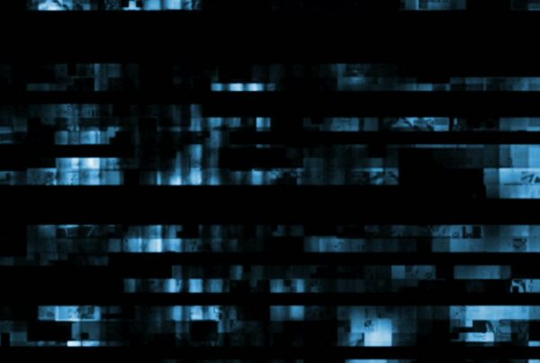 Abstract digital video loop with black bars and blue pixelated pattern, resembling a glitchy interference, creating a modern and technological aesthetic.