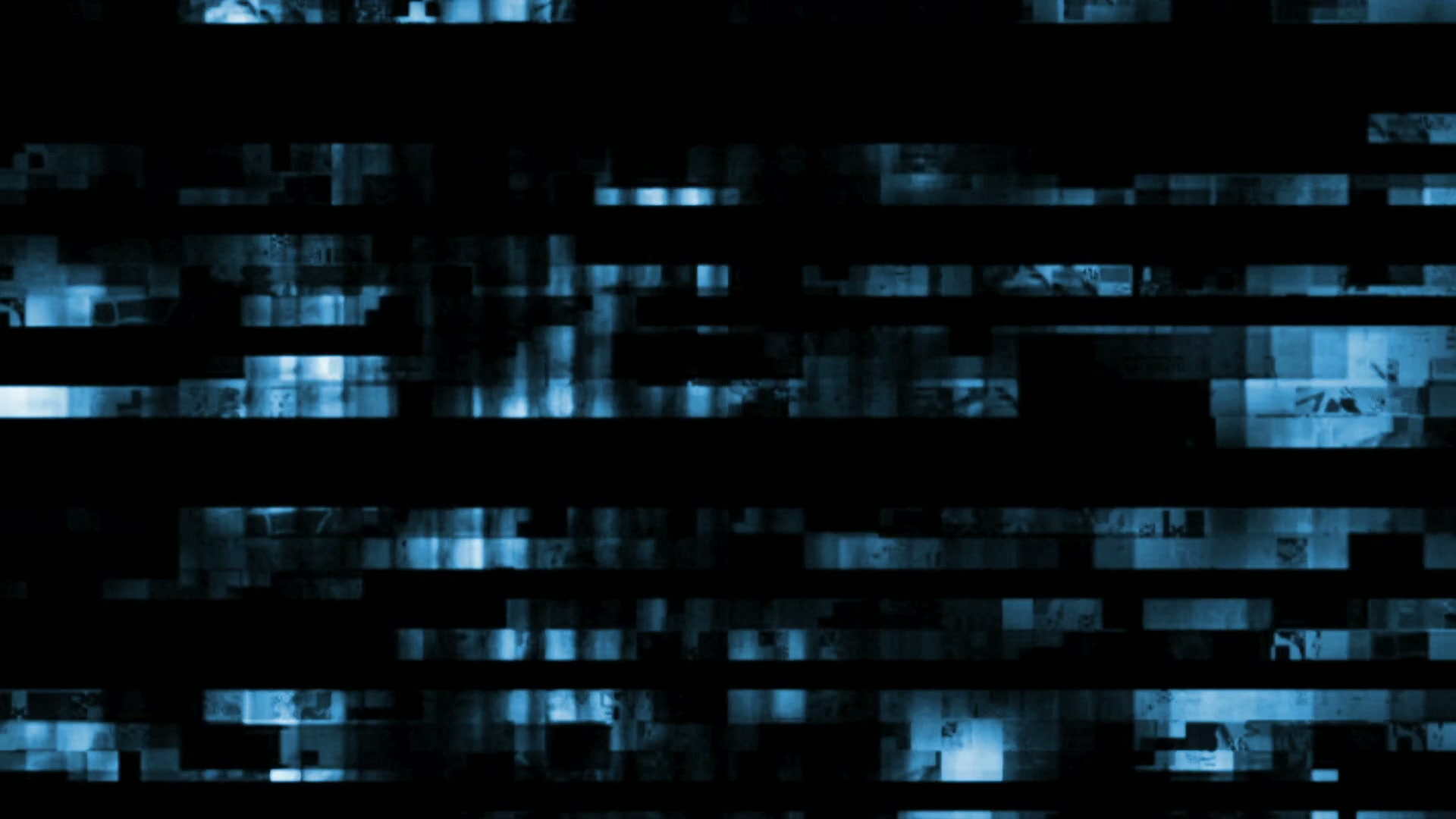 Abstract digital video loop with black bars and blue pixelated pattern, resembling a glitchy interference, creating a modern and technological aesthetic.