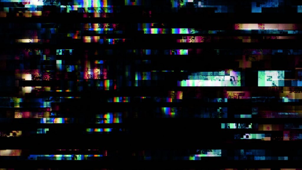 Abstract digital glitch looping video showcasing colorful horizontal bands of pixelated noise against a black background, creating a striking visual of digital imperfection.