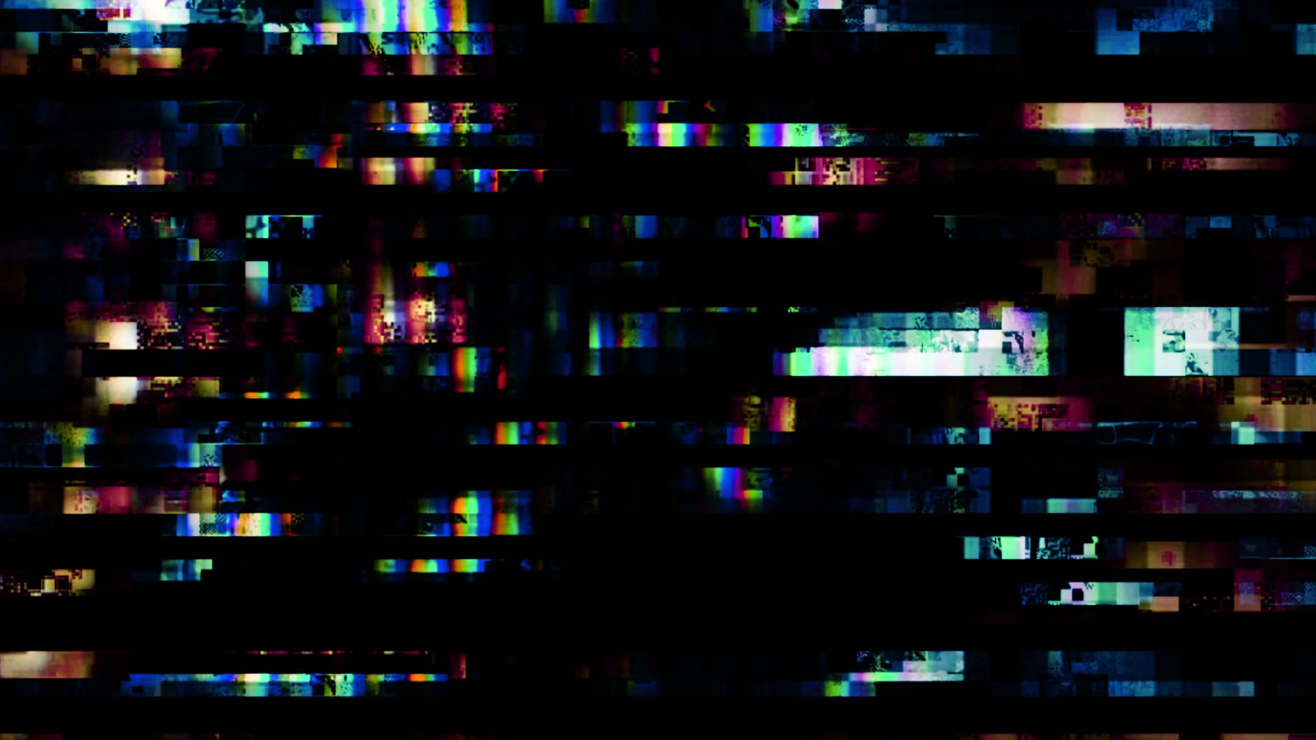 Abstract digital glitch looping video showcasing colorful horizontal bands of pixelated noise against a black background, creating a striking visual of digital imperfection.
