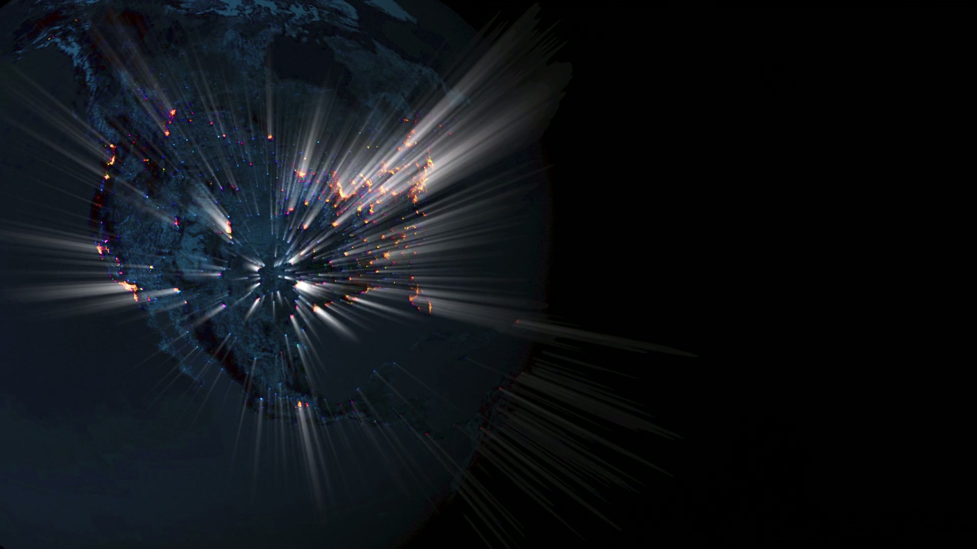 The planet Earth at night, with lights of major cities shining, 3D animation loop.