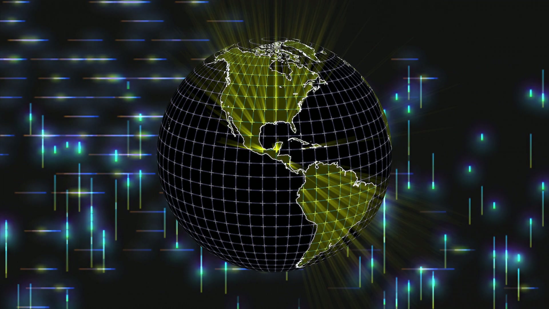 A digital video loop of the rotating Earth showing the continents with a yellow grid pattern on a black background, surrounded by multicolored light beams, depicting global connectivity and futuristic technology.