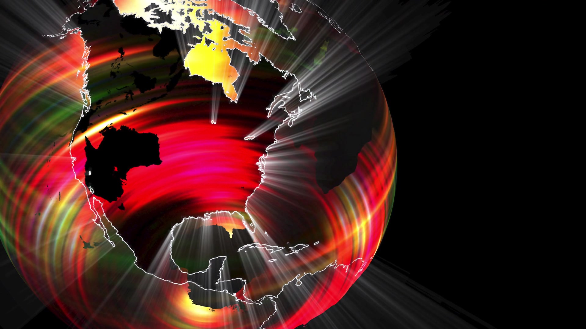 HD video loop of an abstract digital globe with vibrant swirling colors and radiating light beams on a black background.