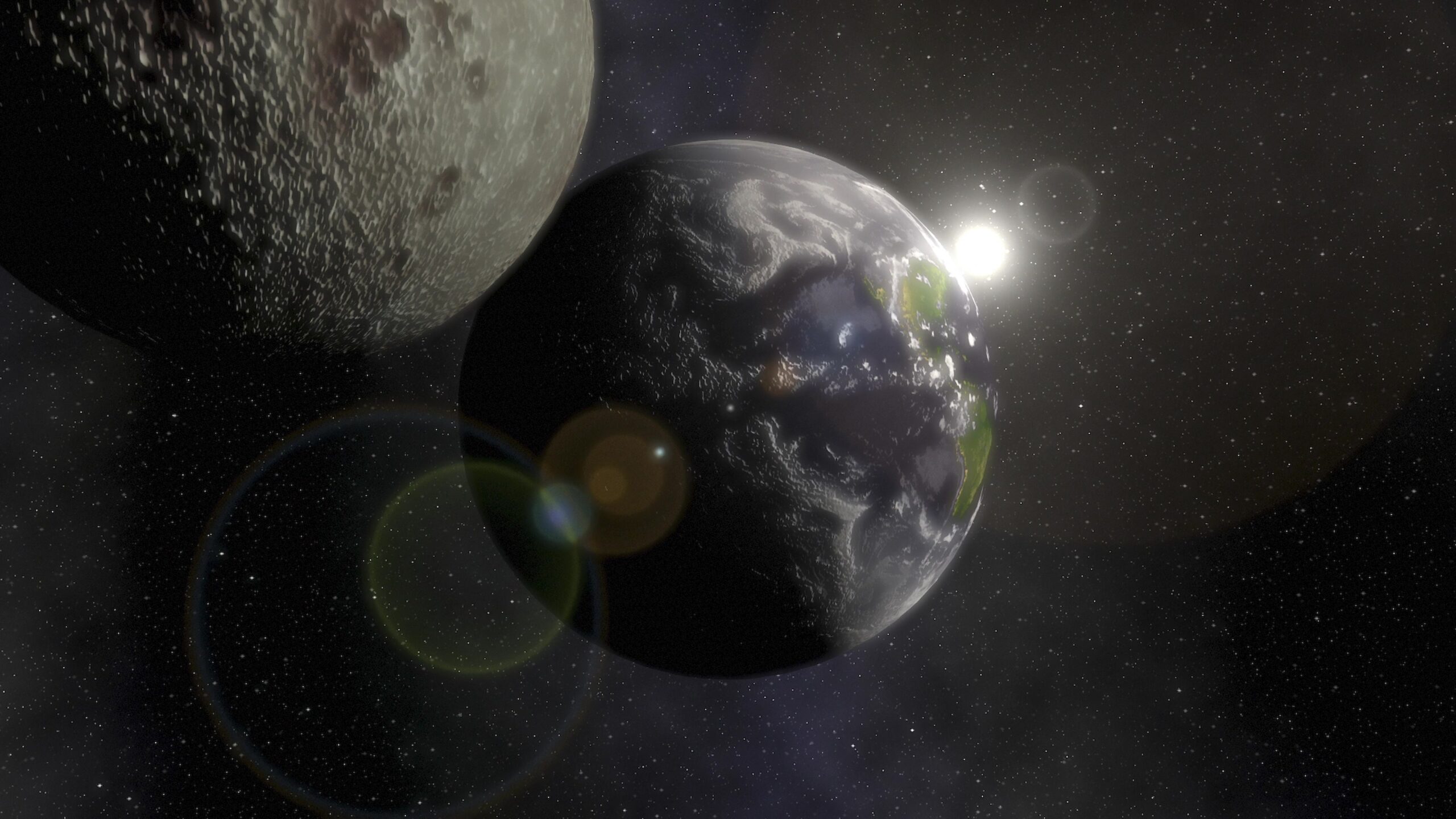4K video of Earth and Moon in space with sun illuminating the scene, surrounded by stars and celestial beauty.