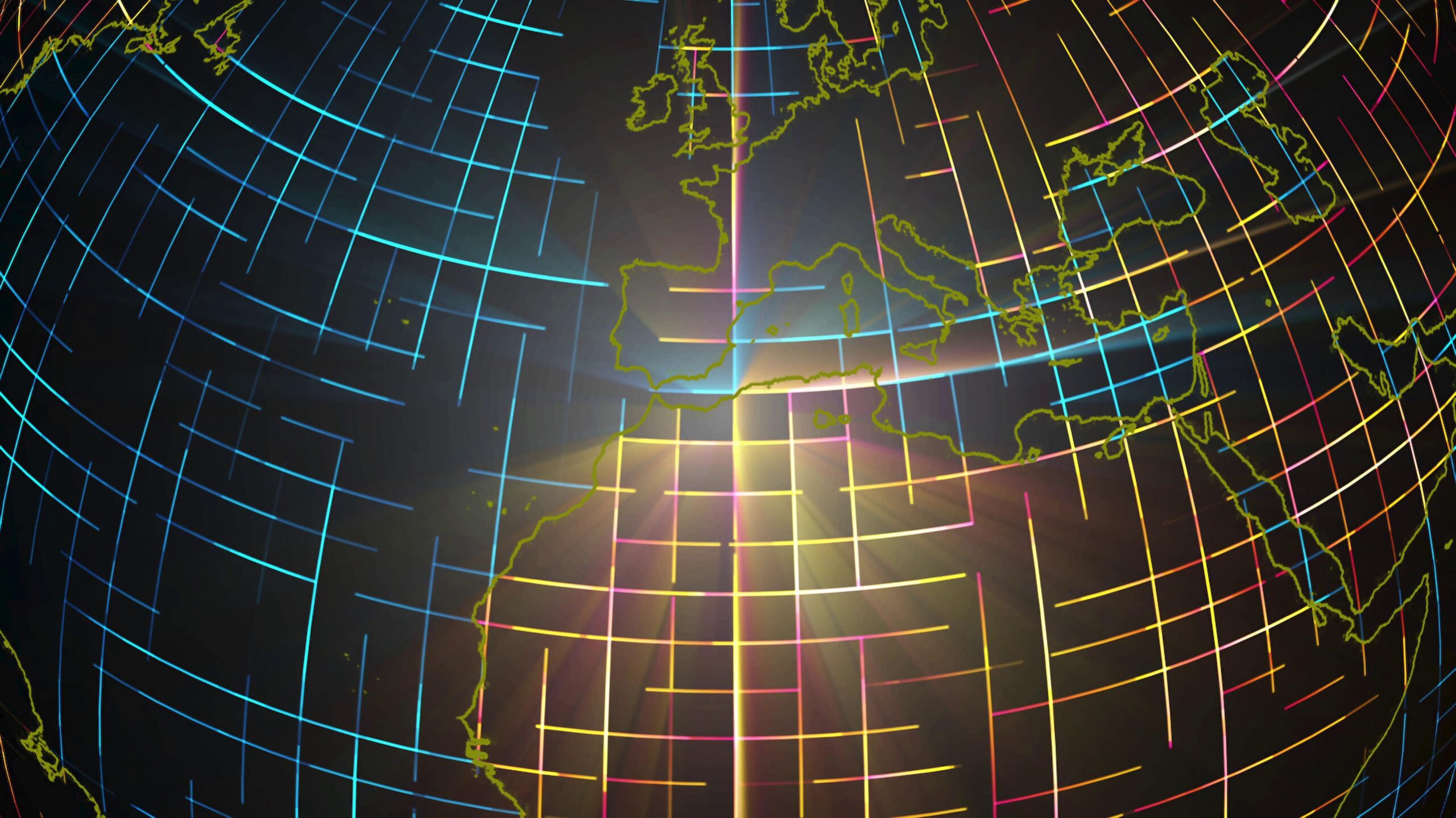 Digital Earth 4K video loop with multicolored gridlines and continents.