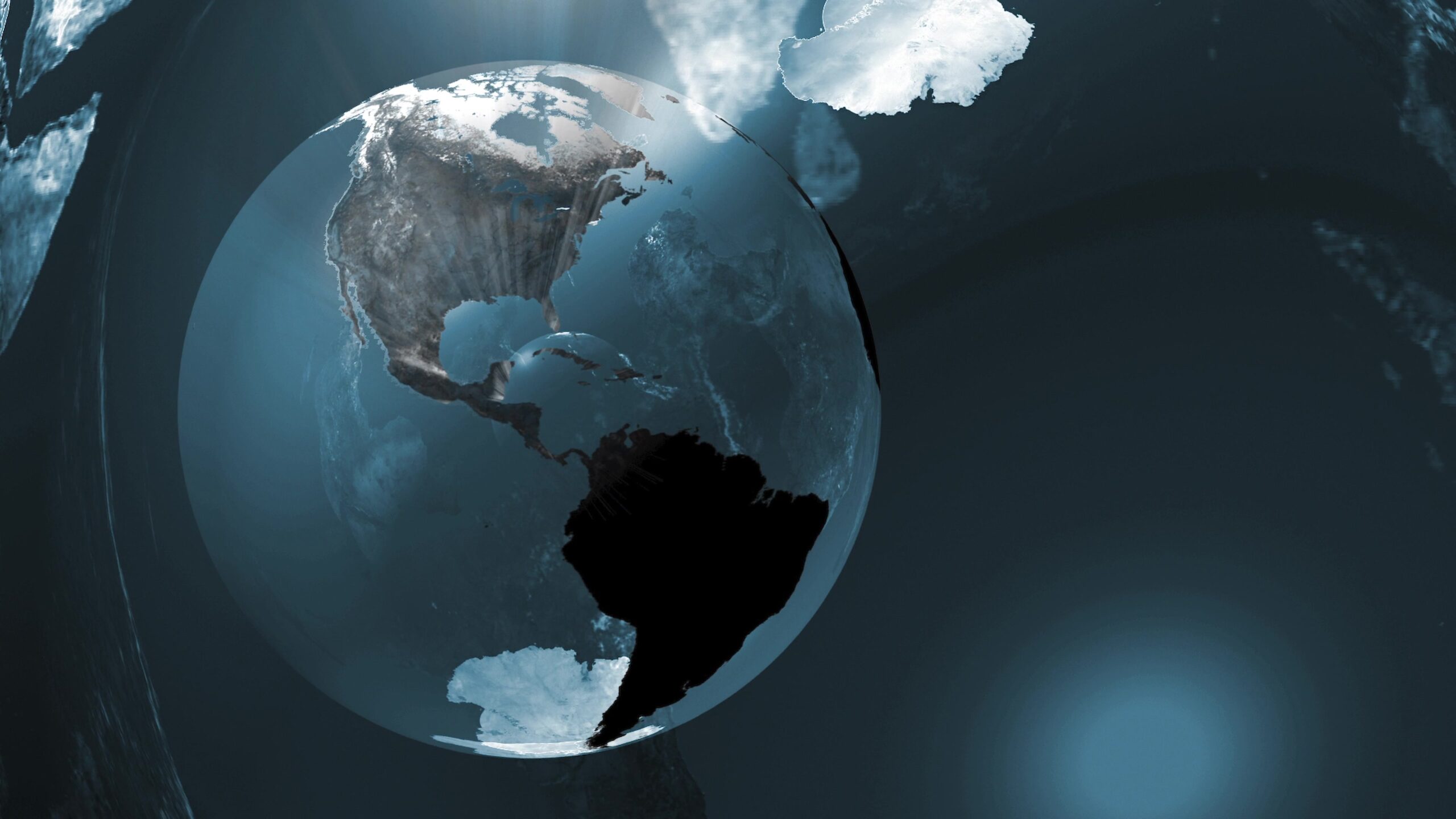 3D rendering of a rotating Earth with glowing continents in a cosmic space setting.