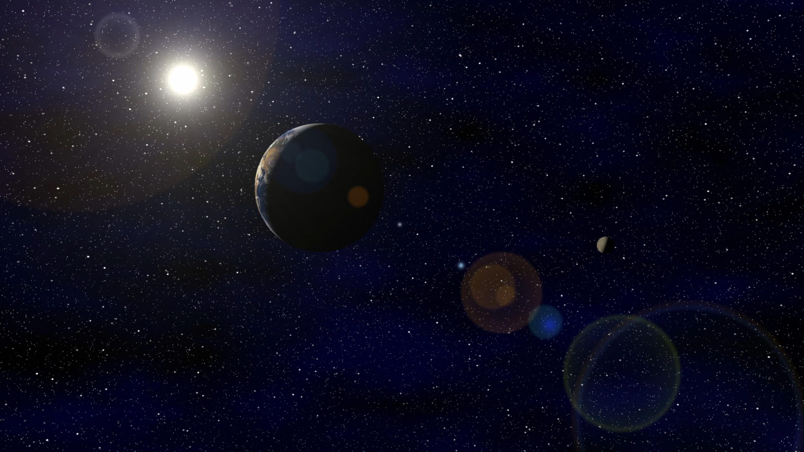 A luminous sun shines on large and small planets with numerous stars as a cosmic backdrop.