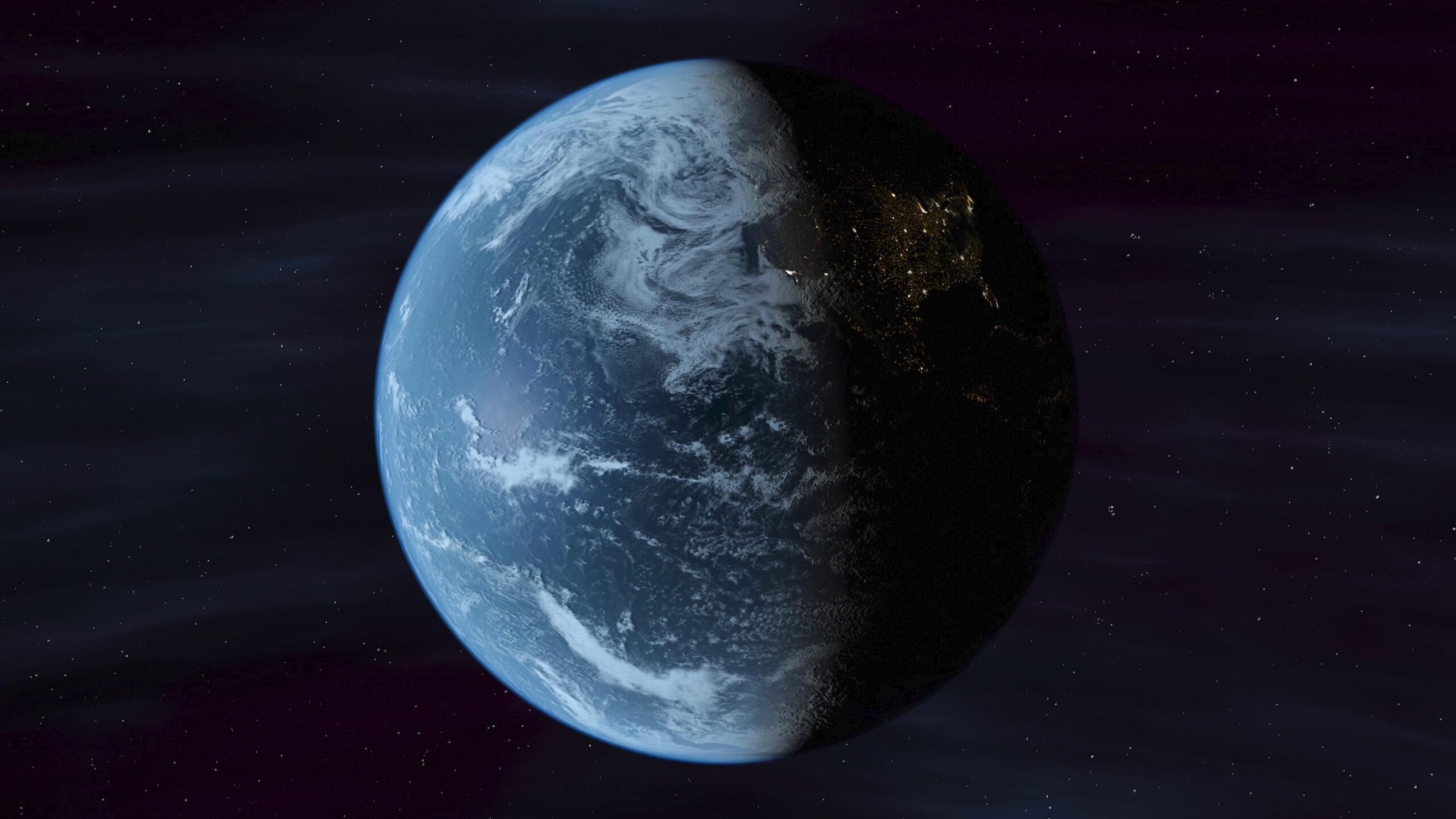 4K vodep loop view of Earth from space, showing day and night sides.