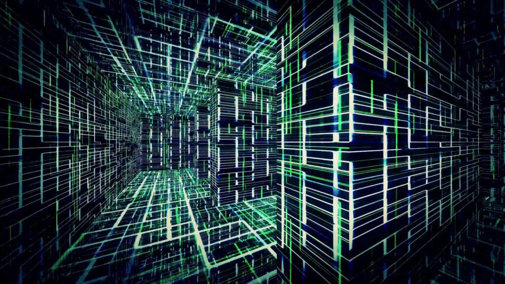 The HD video loop showcases a mesmerizing digital tunnel composed entirely of glowing lines and geometric shapes that pulse with vibrant hues of blue, green, and white against an inky black backdrop.