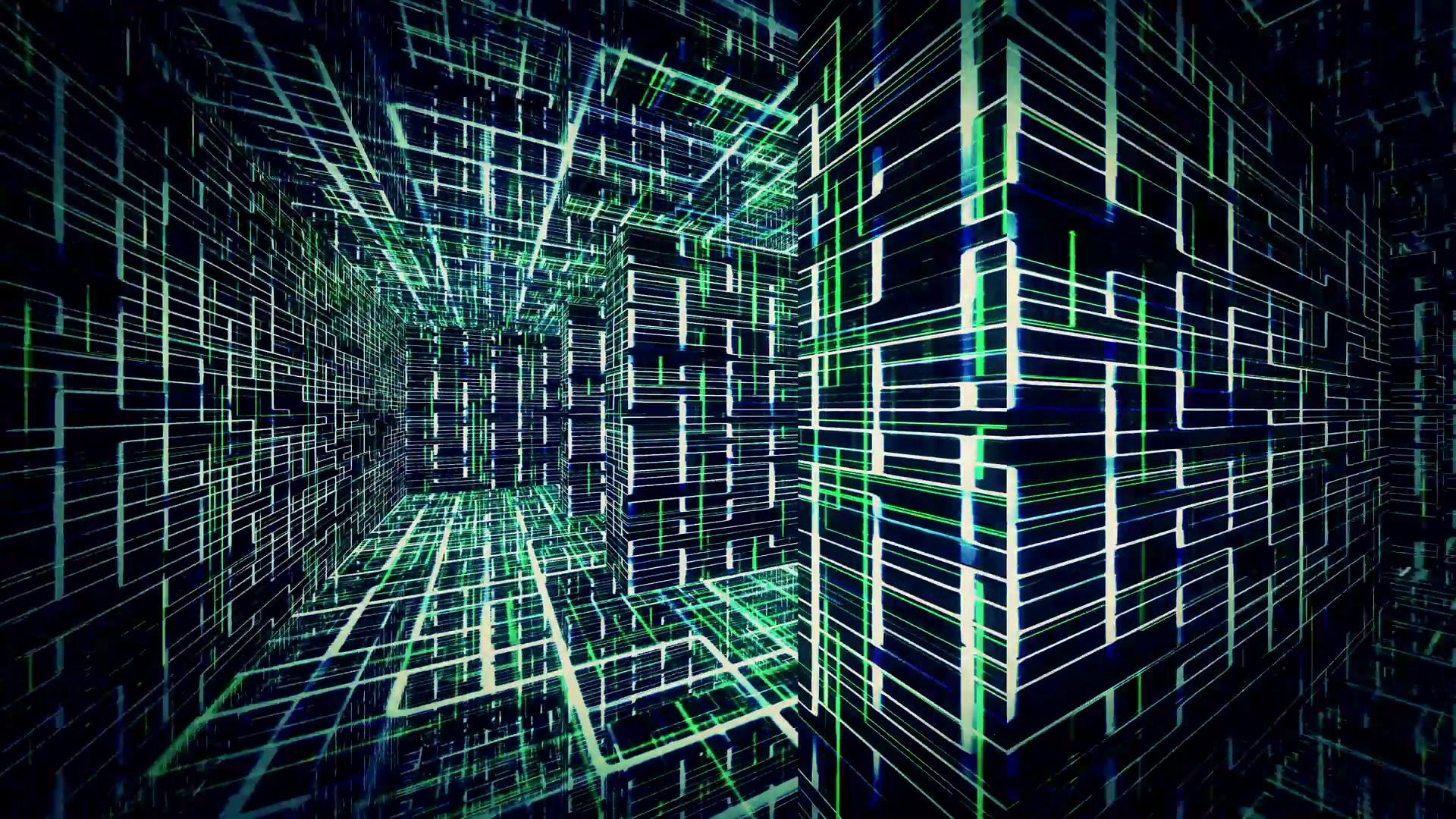 The HD video loop showcases a mesmerizing digital tunnel composed entirely of glowing lines and geometric shapes that pulse with vibrant hues of blue, green, and white against an inky black backdrop.