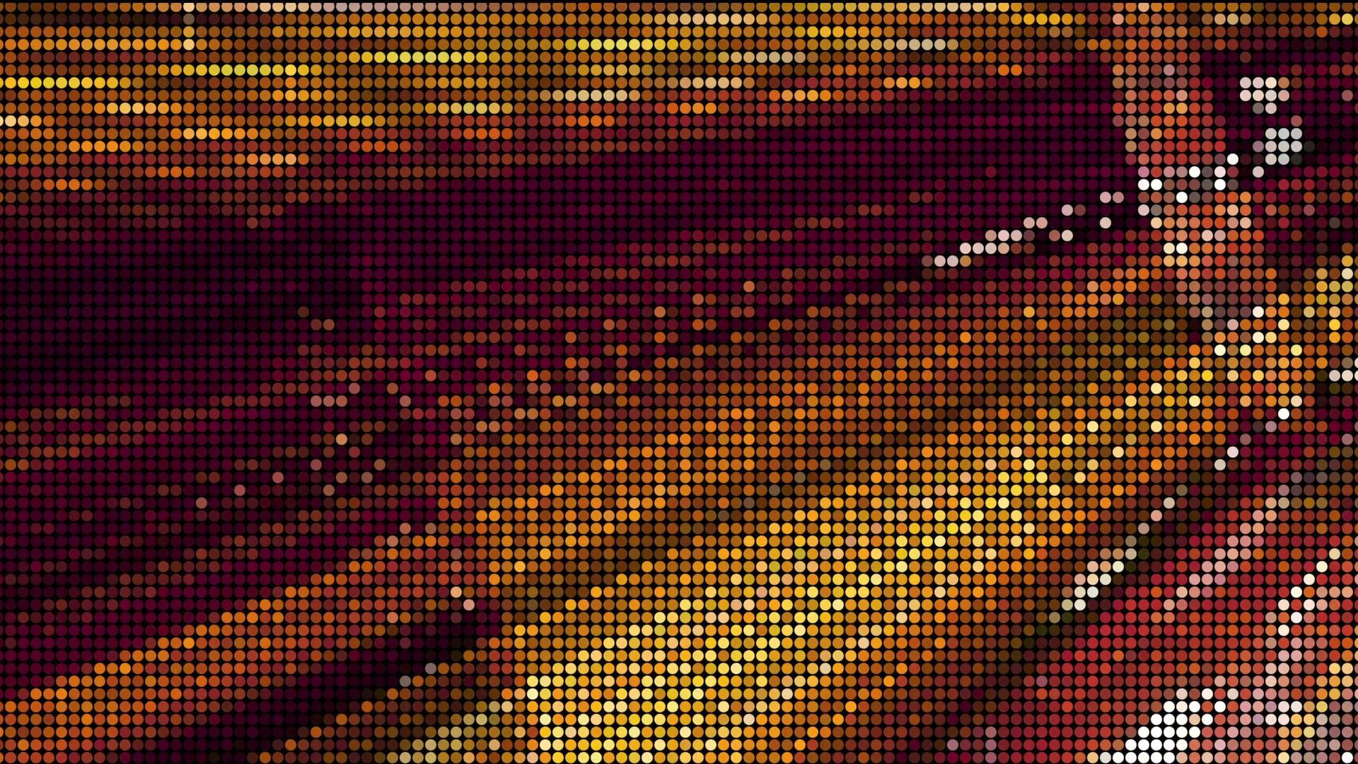 Pixelated abstract art video loop with vibrant yellow, orange, and red colors, forming a dynamic animated pattern of circular dots transitioning from light to dark hues, creating depth and motion.