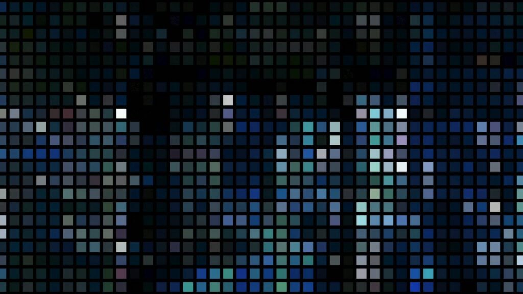 An abstract video loop featuring an animated pixelated mosaic pattern with shades of blue, white, and green squares, creating a striking contrast within a structured grid design.